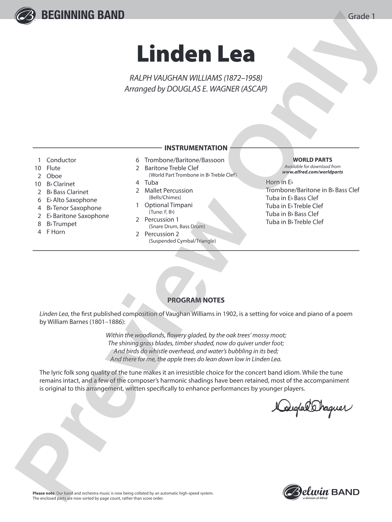 Linden Lea: Concert Band Conductor Score & Parts