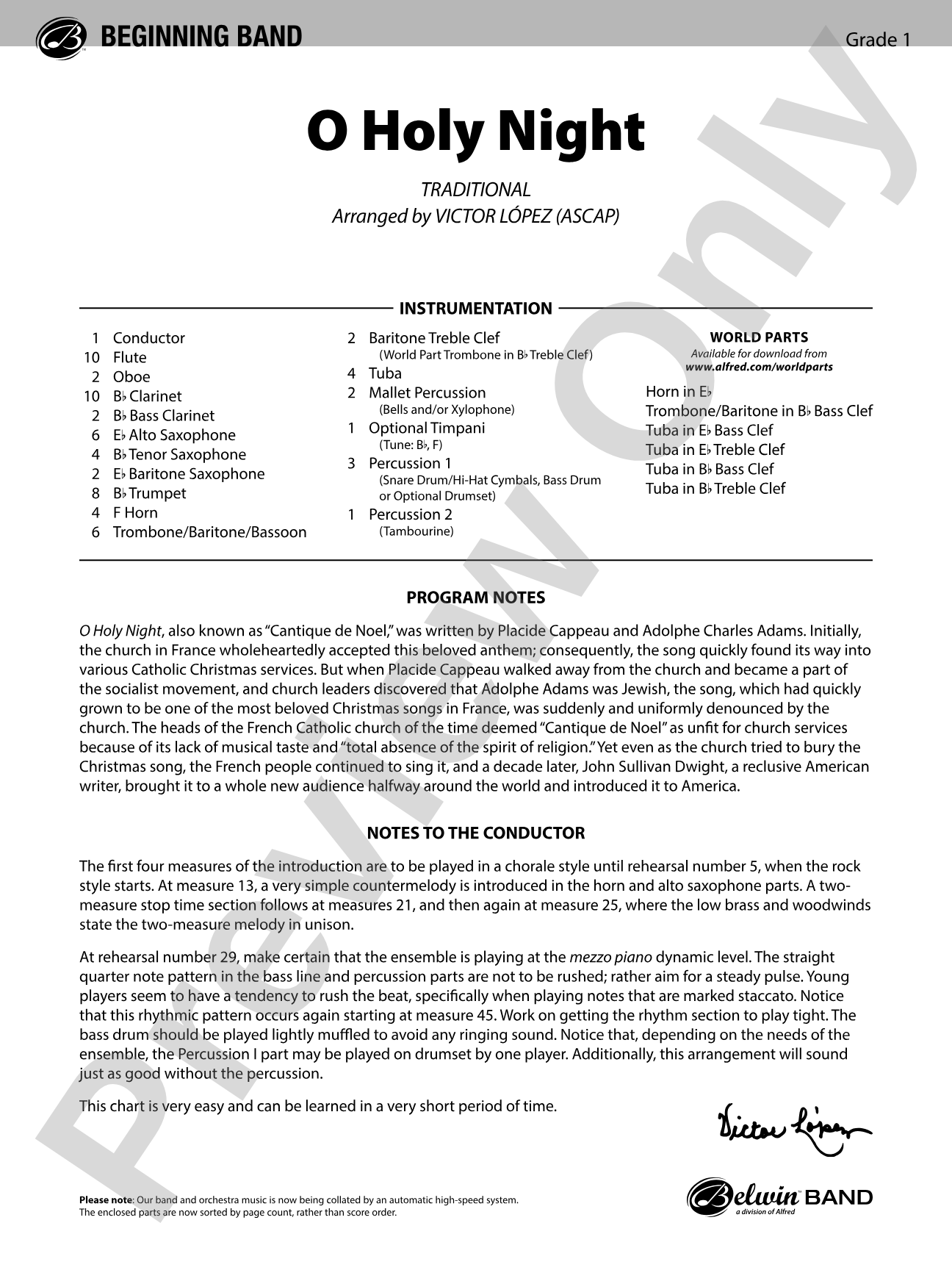 O Holy Night: Concert Band Conductor Score & Parts
