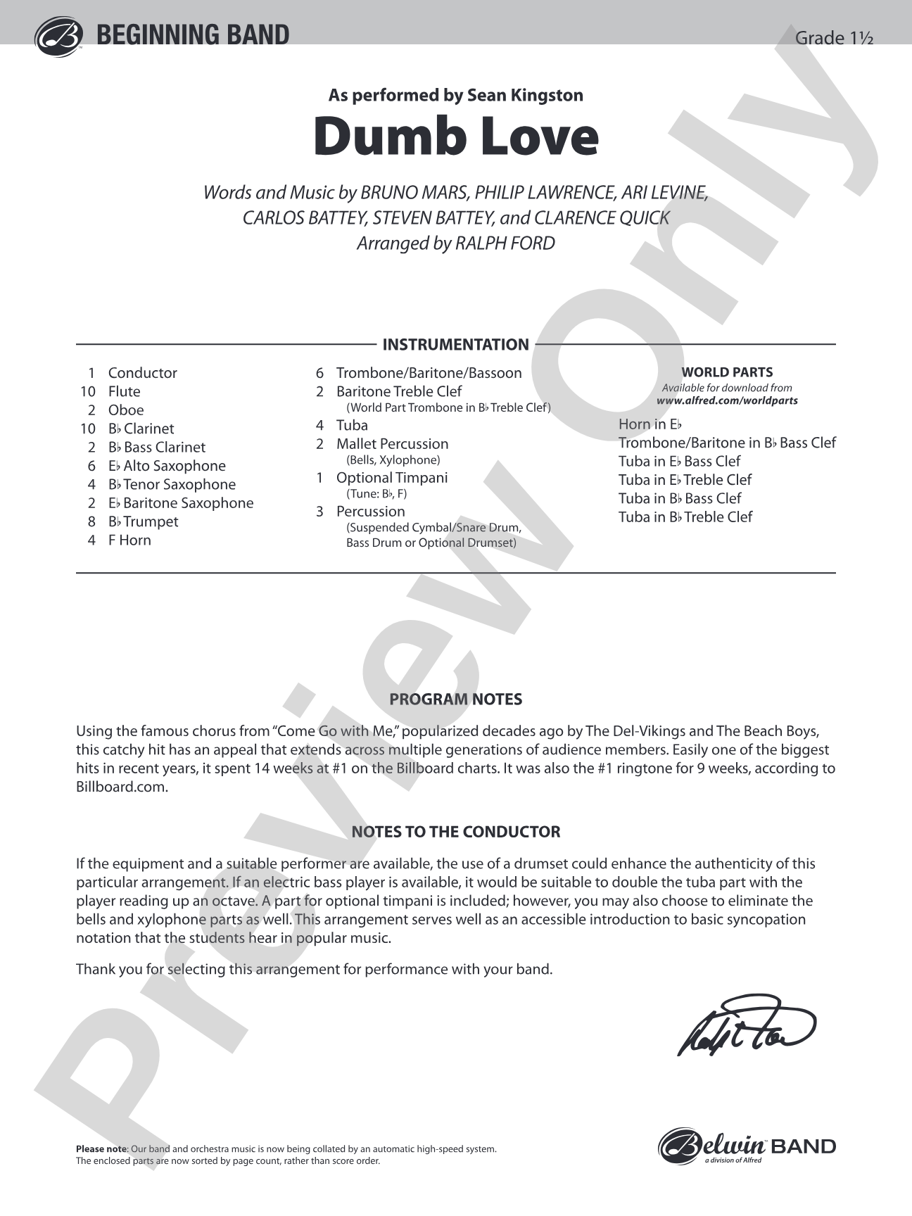 Dumb Love: Concert Band Conductor Score & Parts