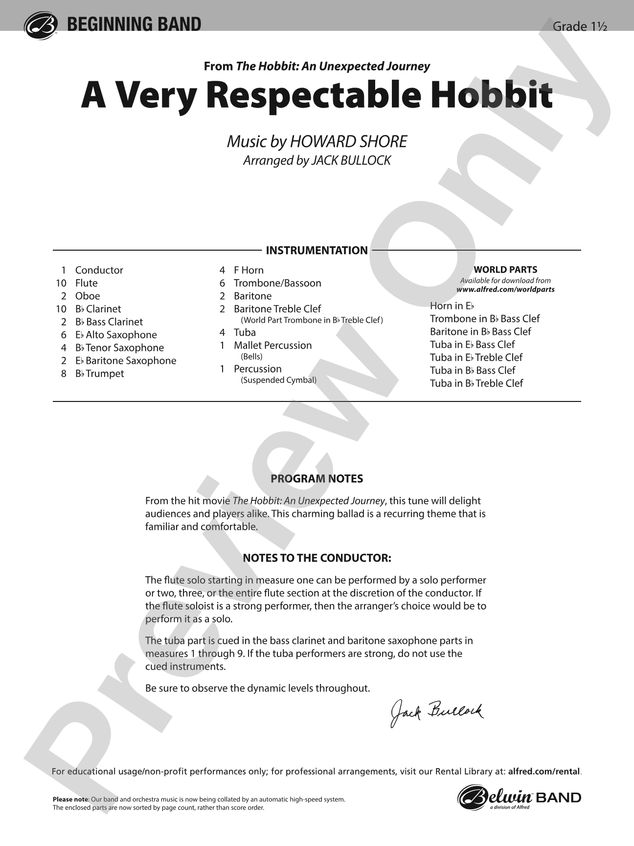 A Very Respectable Hobbit (from The Hobbit: An Unexpected Journey): Concert Band Conductor Score & Parts