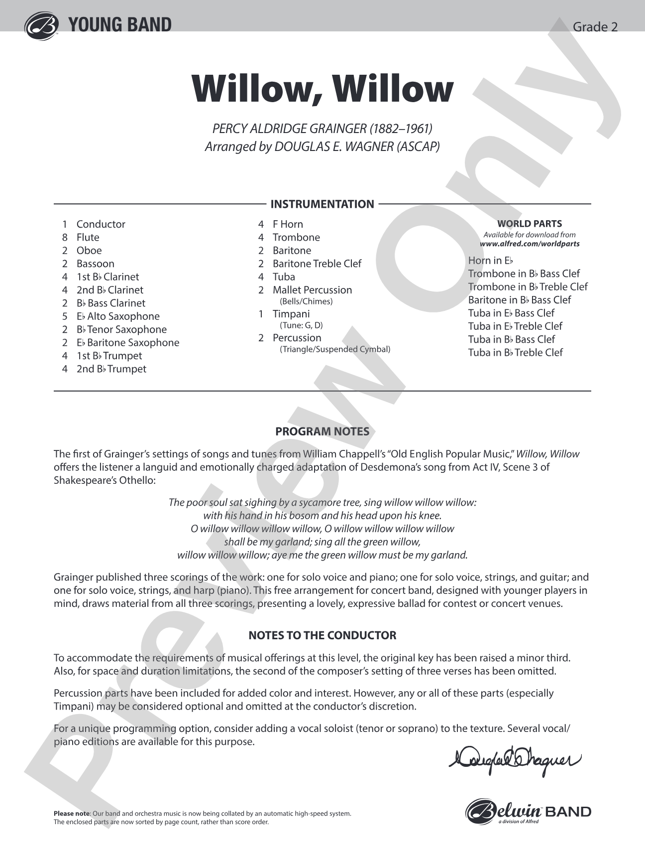 Willow, Willow: Concert Band Conductor Score & Parts