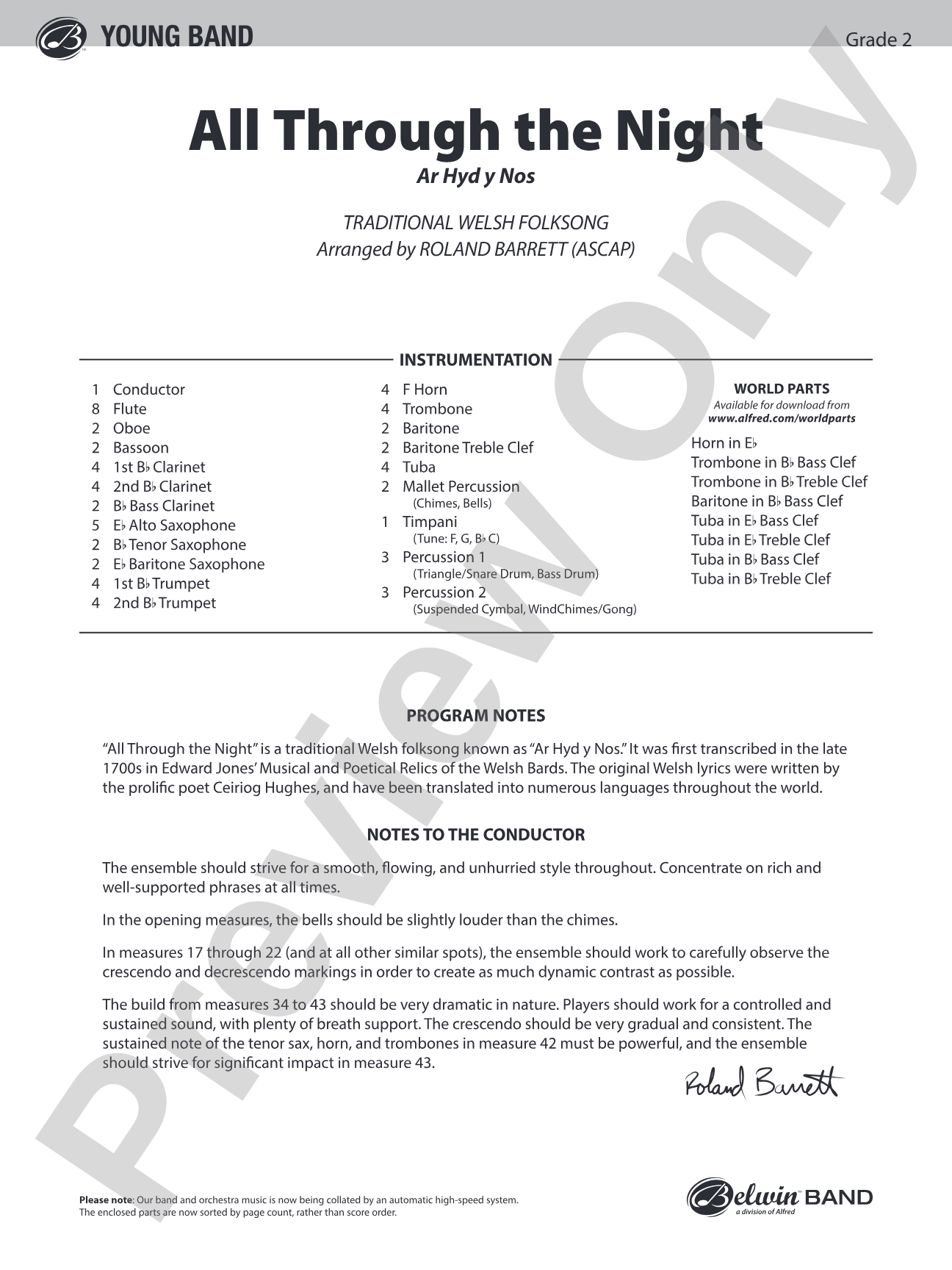 All Through the Night: Concert Band Conductor Score & Parts