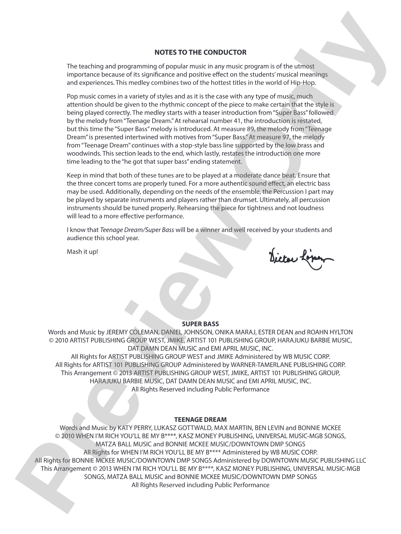 Teenage Dream / Super Bass: Concert Band Conductor Score & Parts