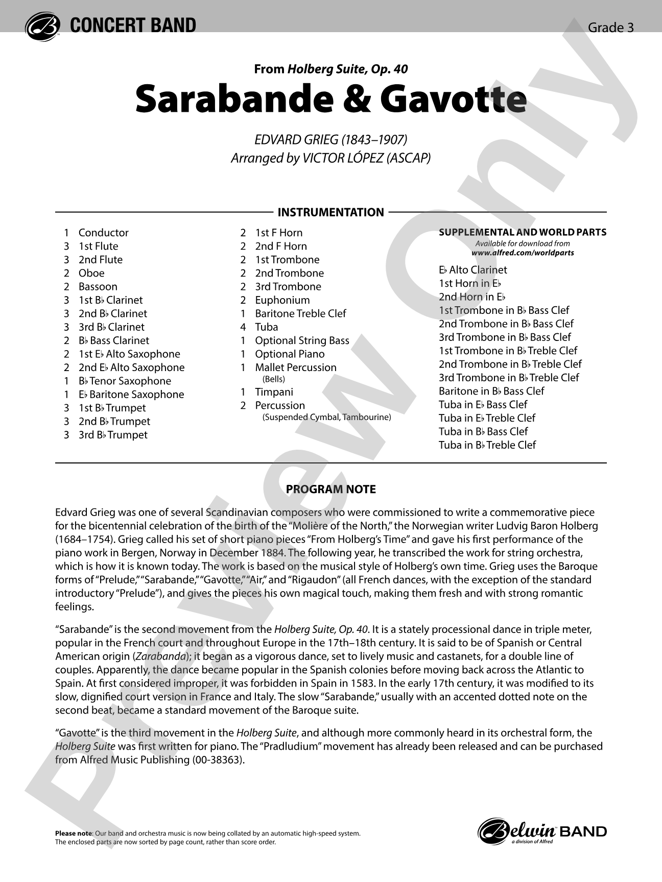 Sarabande & Gavotte (from the Holberg Suite, Op. 40): Concert Band Conductor Score & Parts