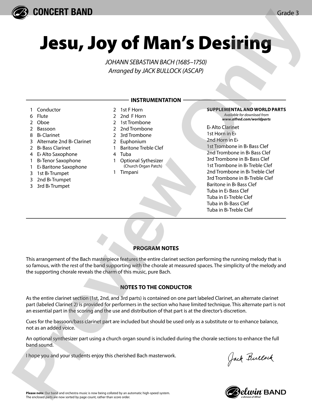 Jesu, Joy of Man's Desiring: Concert Band Conductor Score & Parts