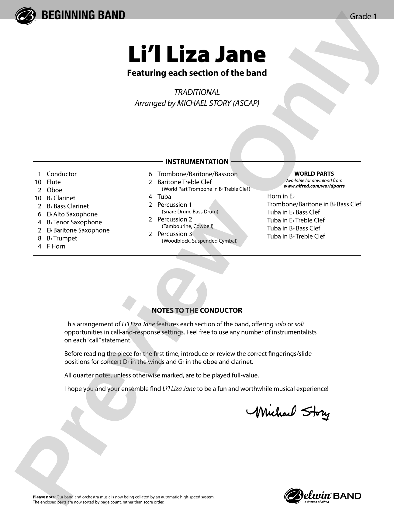 Li'l Liza Jane: Concert Band Conductor Score & Parts
