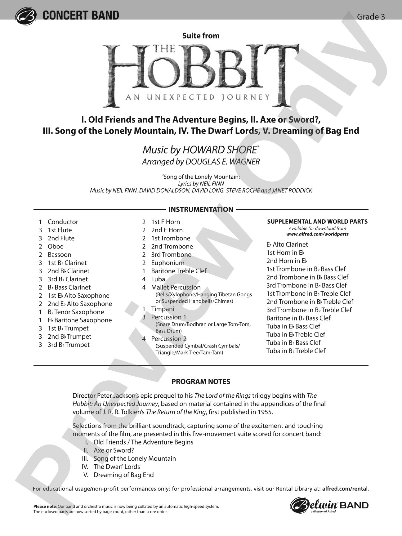 The Hobbit: An Unexpected Journey, Suite from: Concert Band Conductor Score & Parts