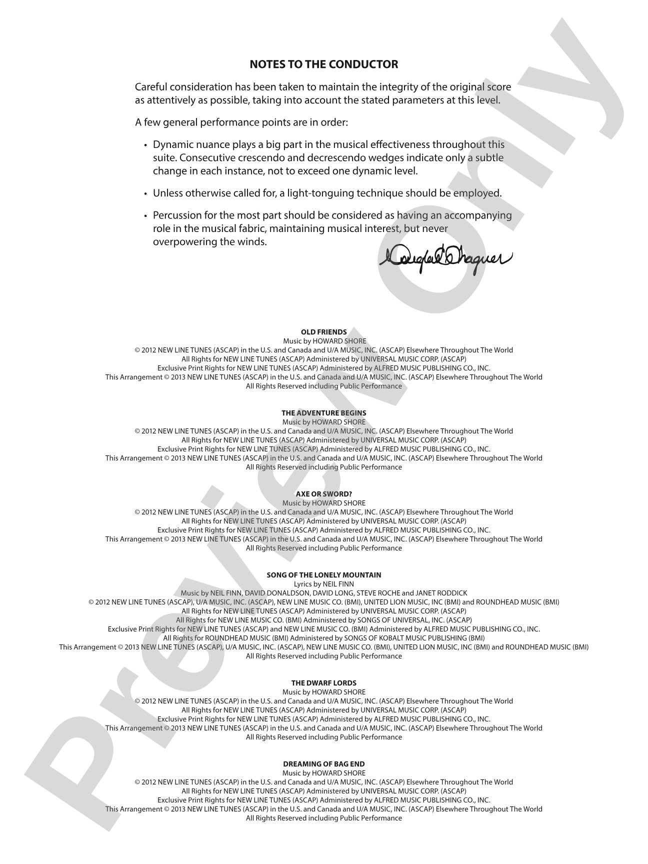 The Hobbit: An Unexpected Journey, Suite from: Concert Band Conductor Score & Parts