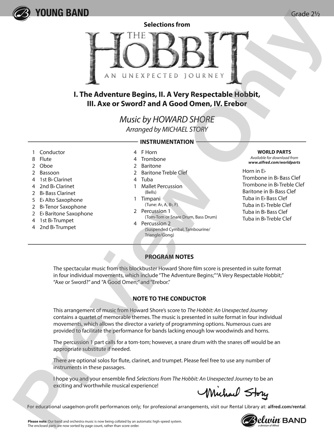 The Hobbit: An Unexpected Journey, Selections from: Concert Band Conductor Score & Parts