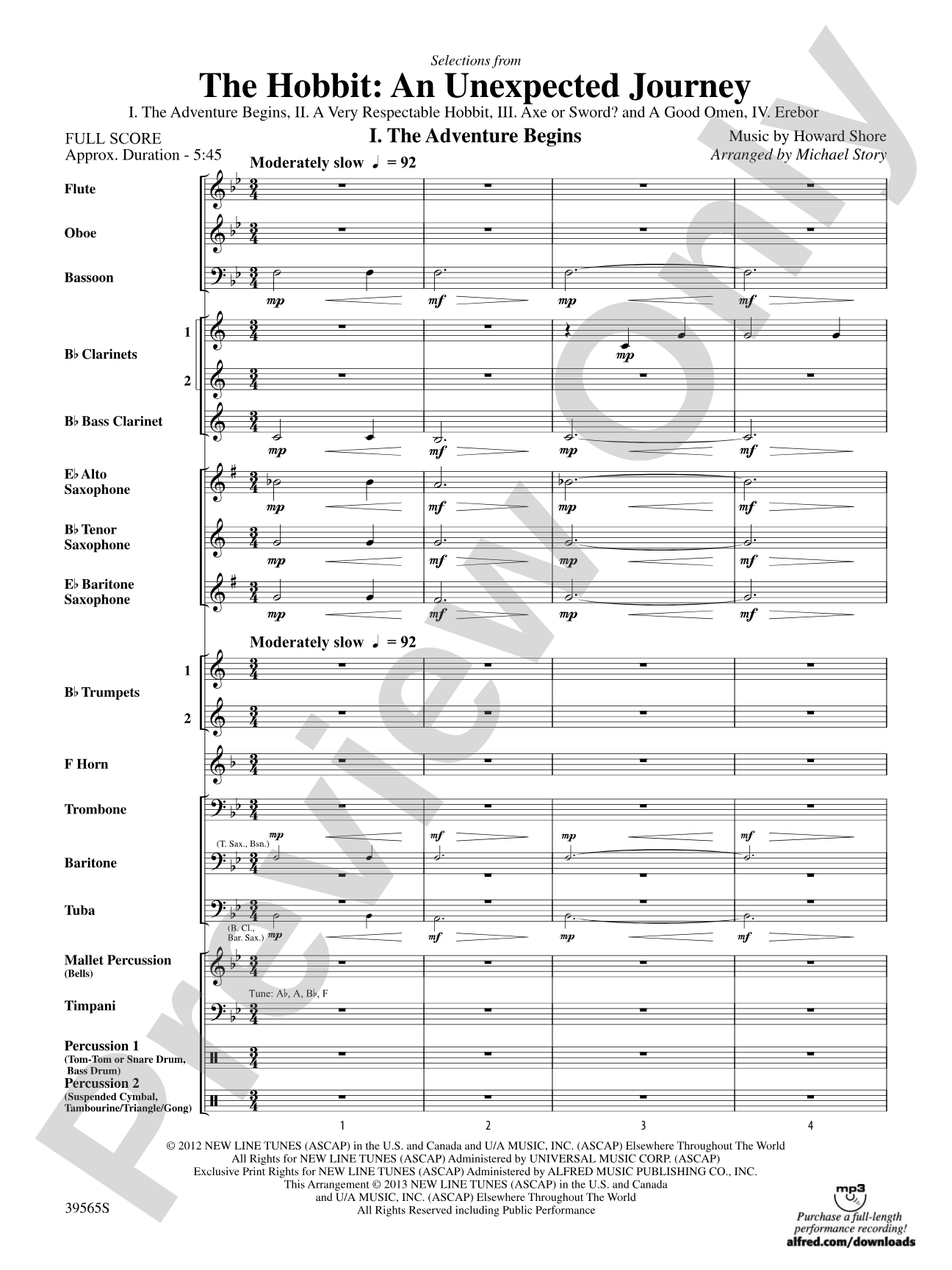 The Hobbit: An Unexpected Journey, Selections from: Concert Band Conductor Score & Parts