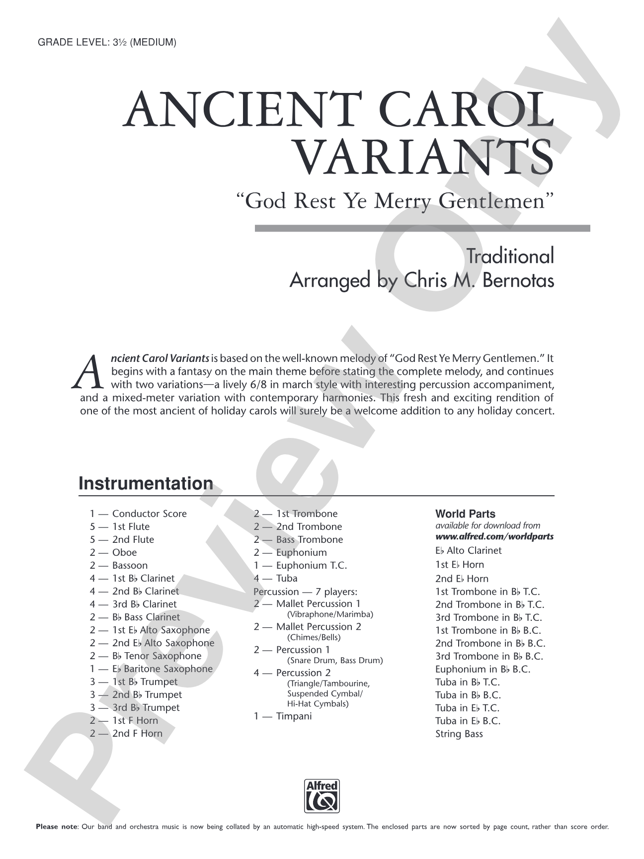 Ancient Carol Variants: Concert Band Conductor Score & Parts