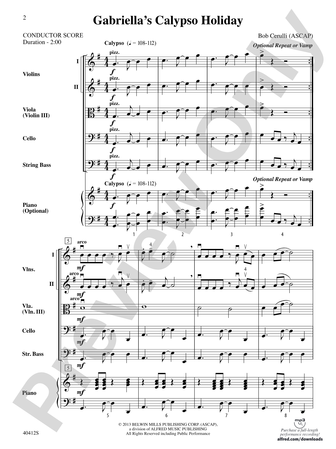 Gabriella's Calypso Holiday: String Orchestra Conductor Score & Parts