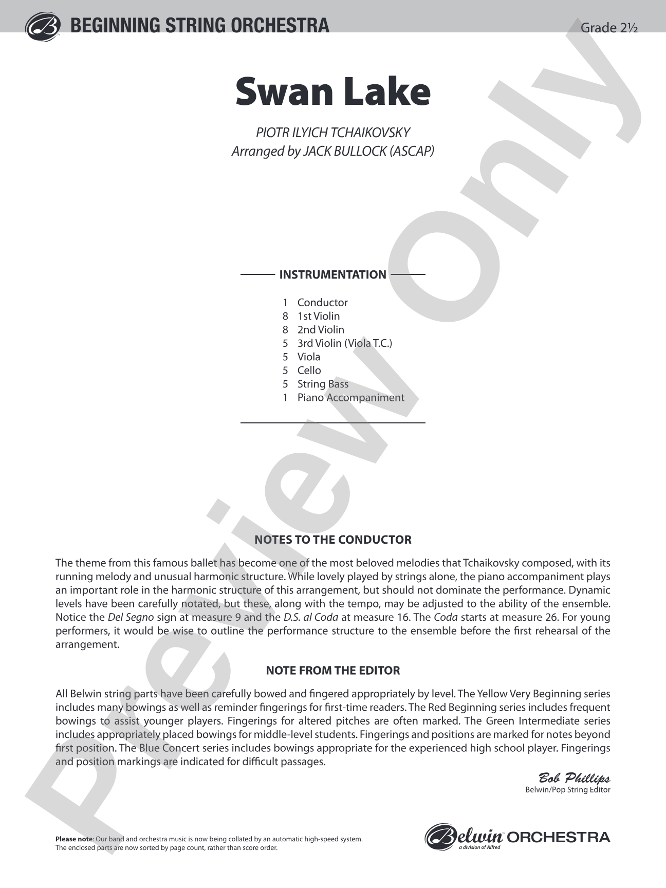 Swan Lake: String Orchestra Conductor Score & Parts