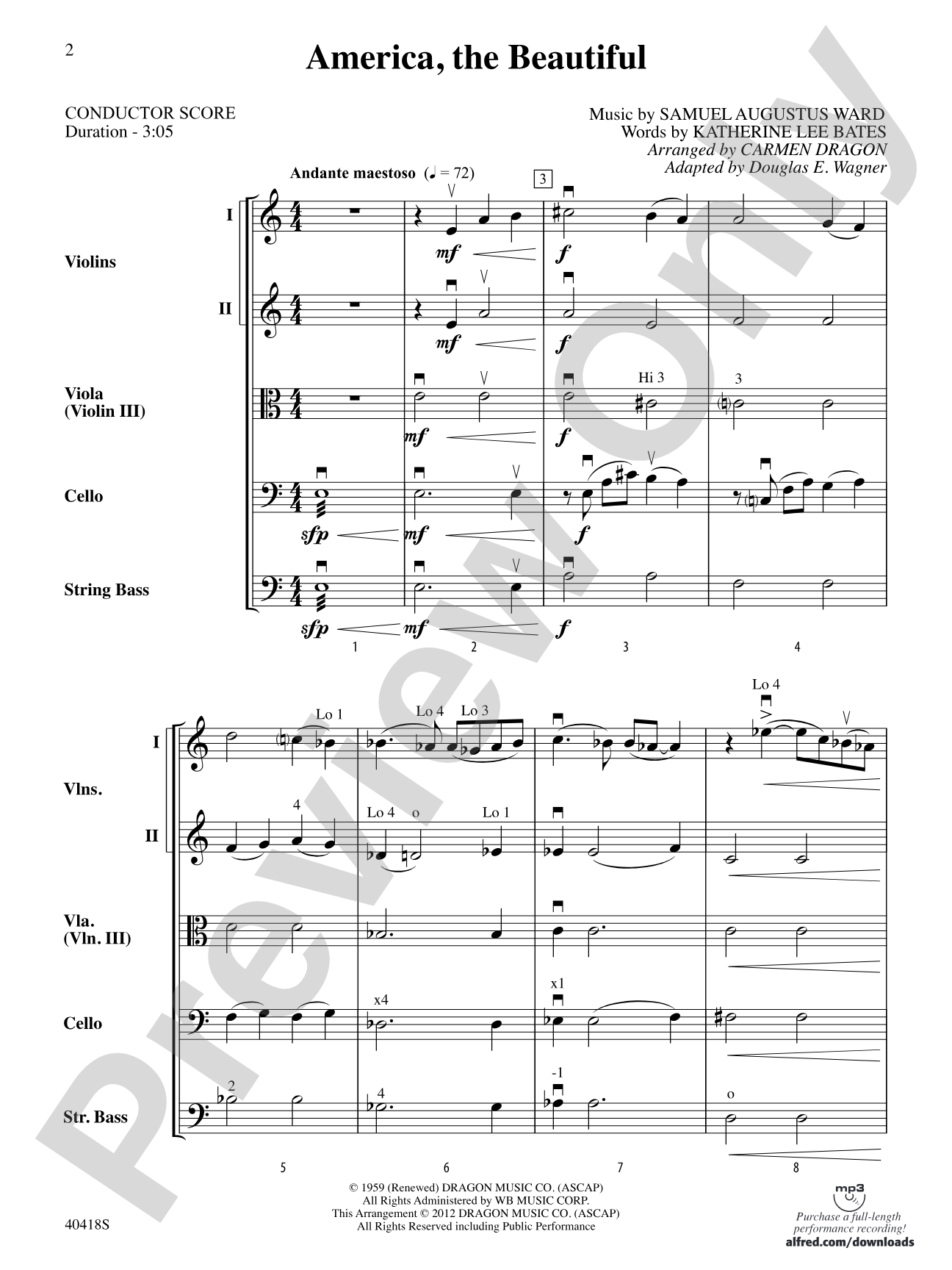 America, the Beautiful: String Orchestra Conductor Score & Parts