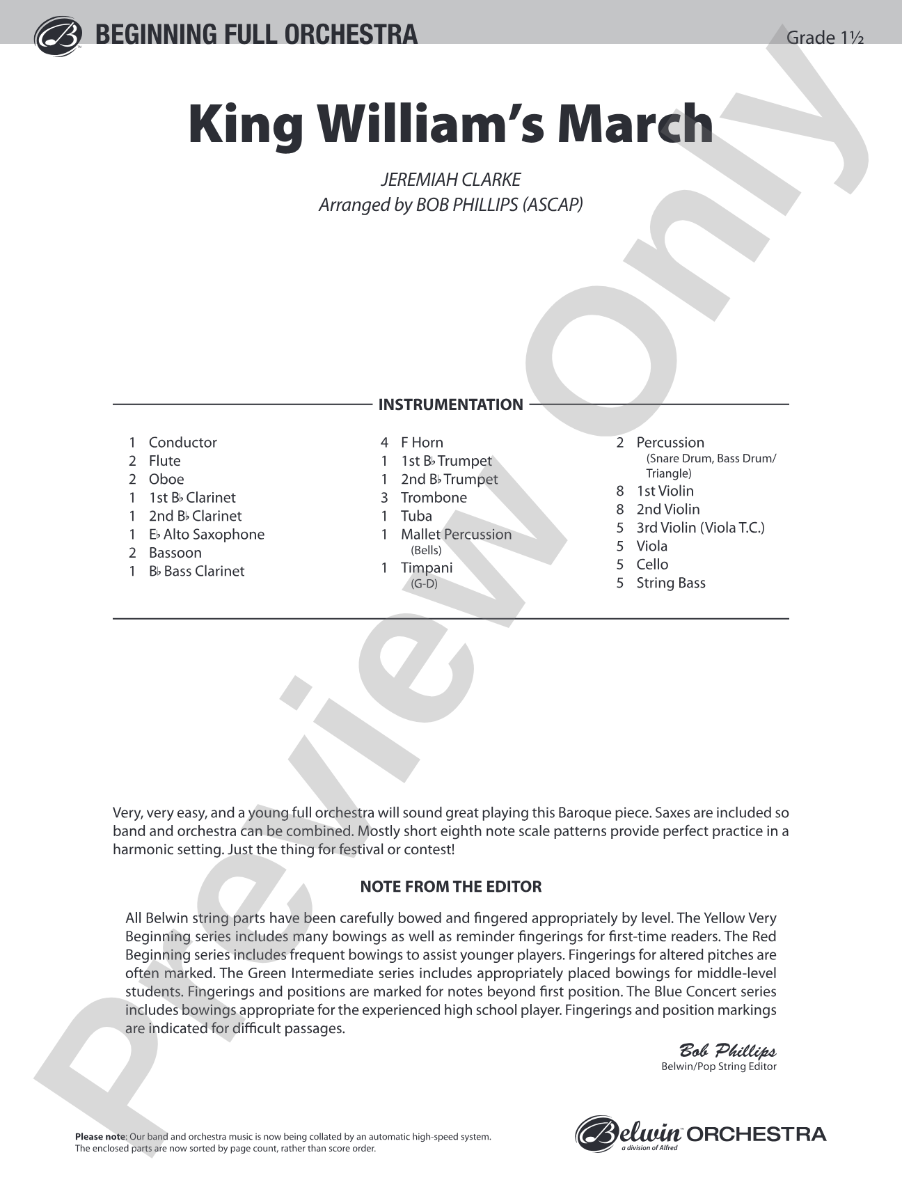 King William's March: Full Orchestra Conductor Score & Parts