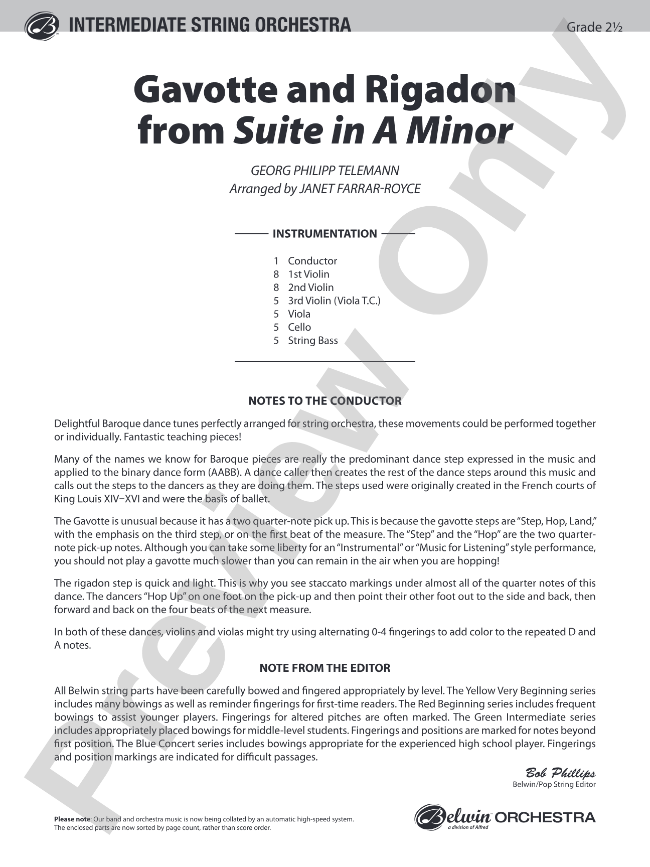 "Gavotte" and "Rigadon" from Suite in A Minor: String Orchestra Conductor Score & Parts