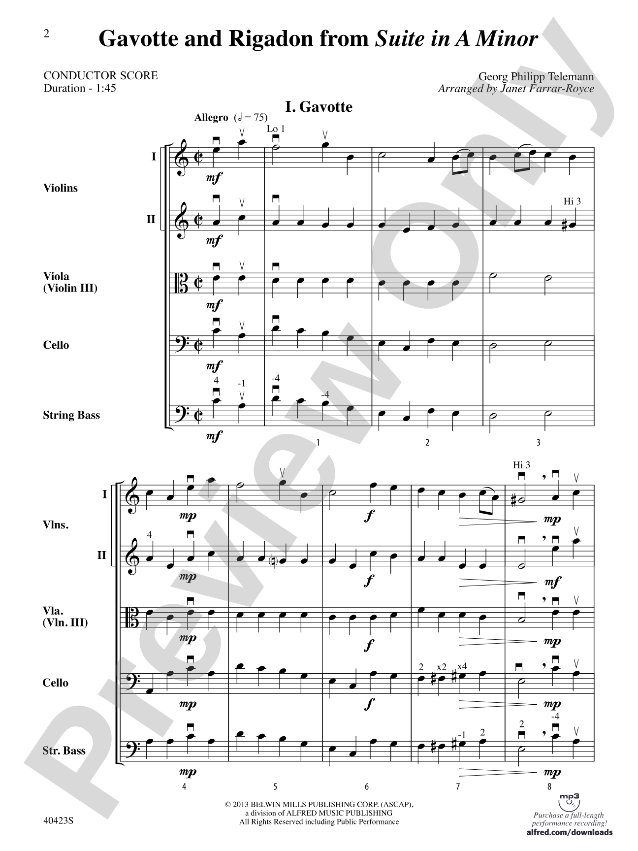 "Gavotte" and "Rigadon" from Suite in A Minor: String Orchestra Conductor Score & Parts
