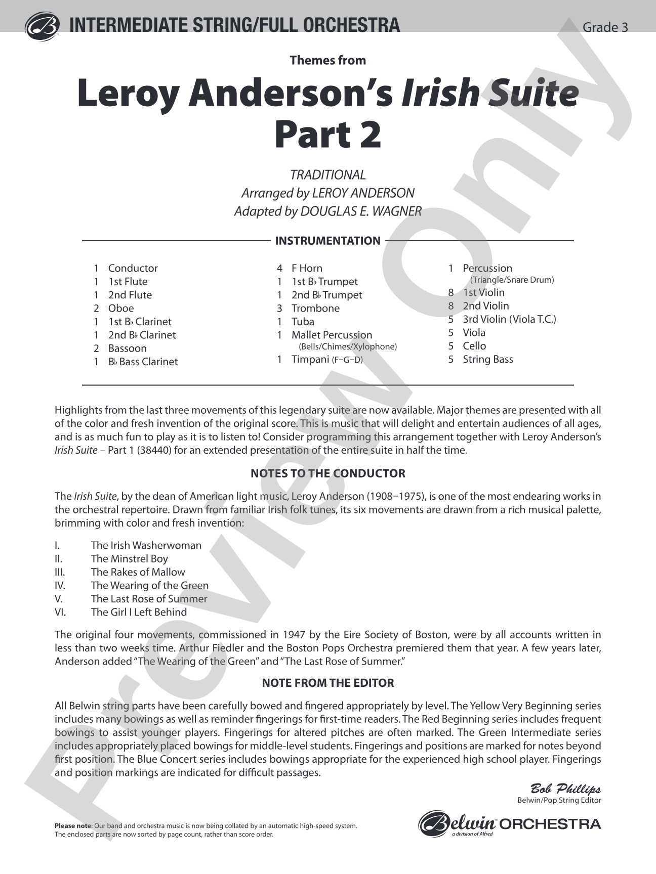 Leroy Anderson's Irish Suite, Part 2 (Themes from): Full Orchestra Conductor Score & Parts