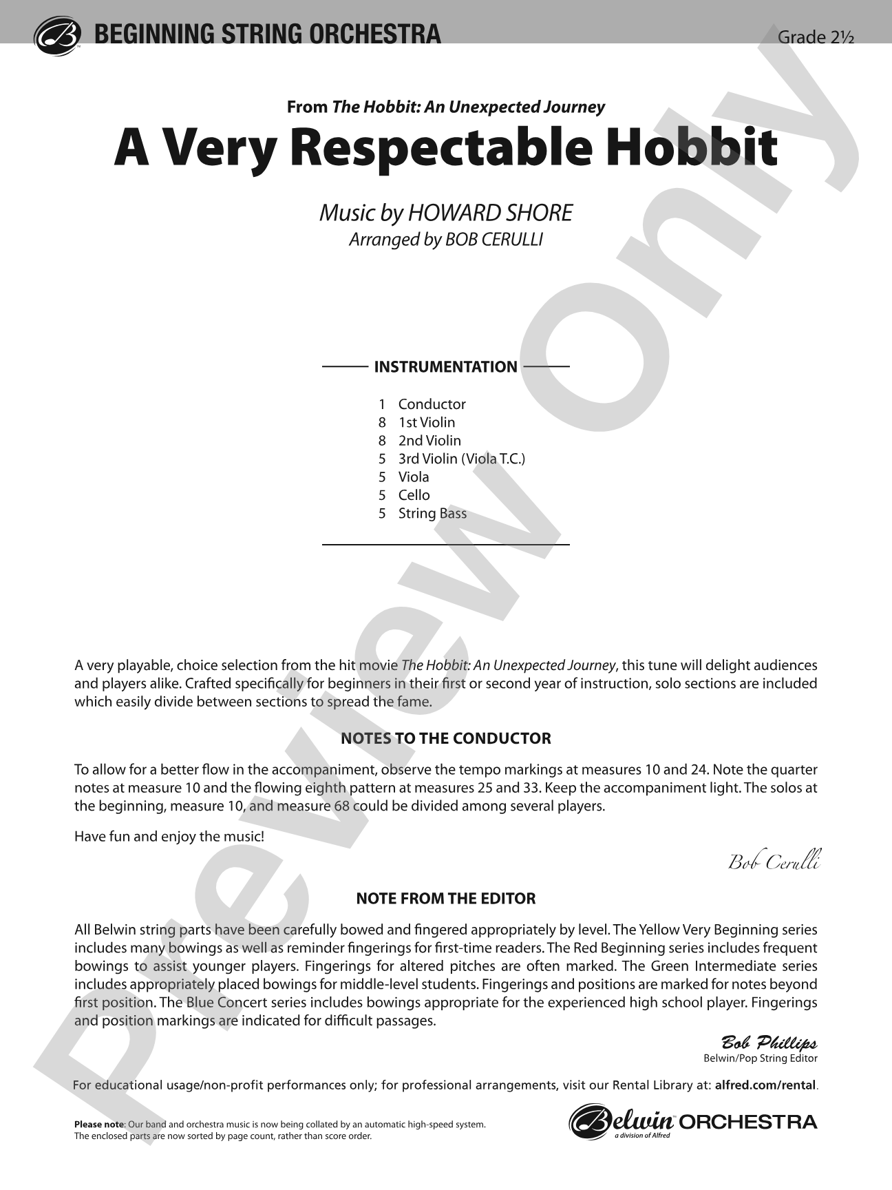 A Very Respectable Hobbit (from The Hobbit: An Unexpected Journey): String Orchestra Conductor Score & Parts