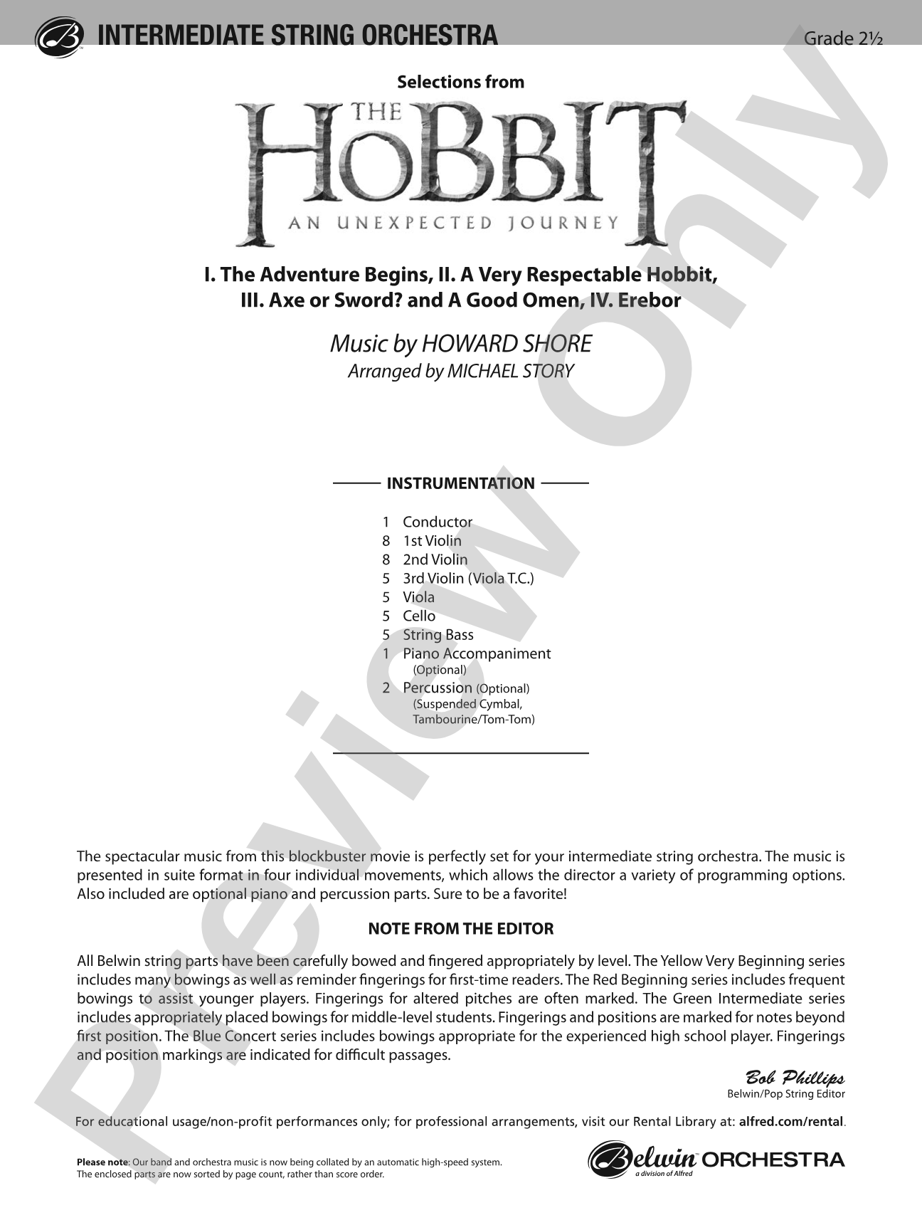The Hobbit: An Unexpected Journey, Selections from: String Orchestra Conductor Score & Parts