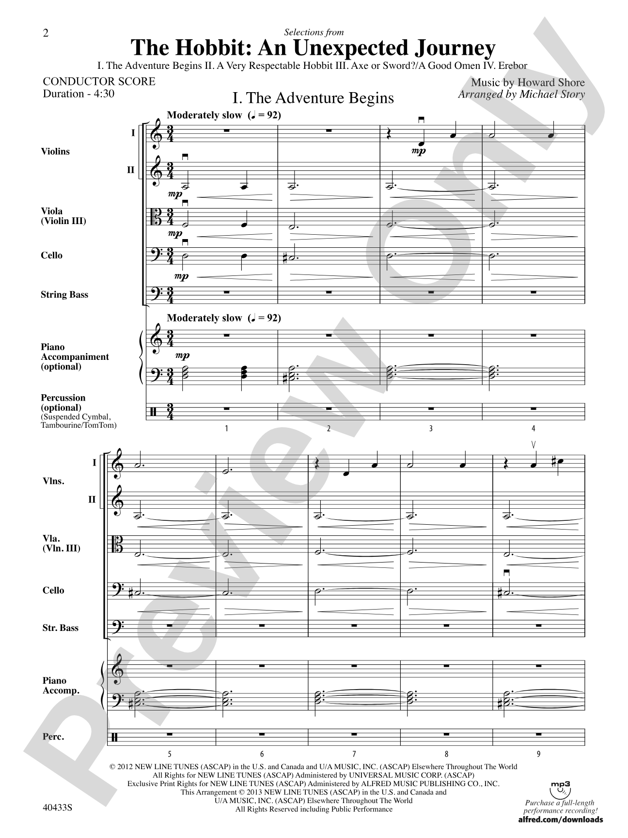 The Hobbit: An Unexpected Journey, Selections from: String Orchestra Conductor Score & Parts