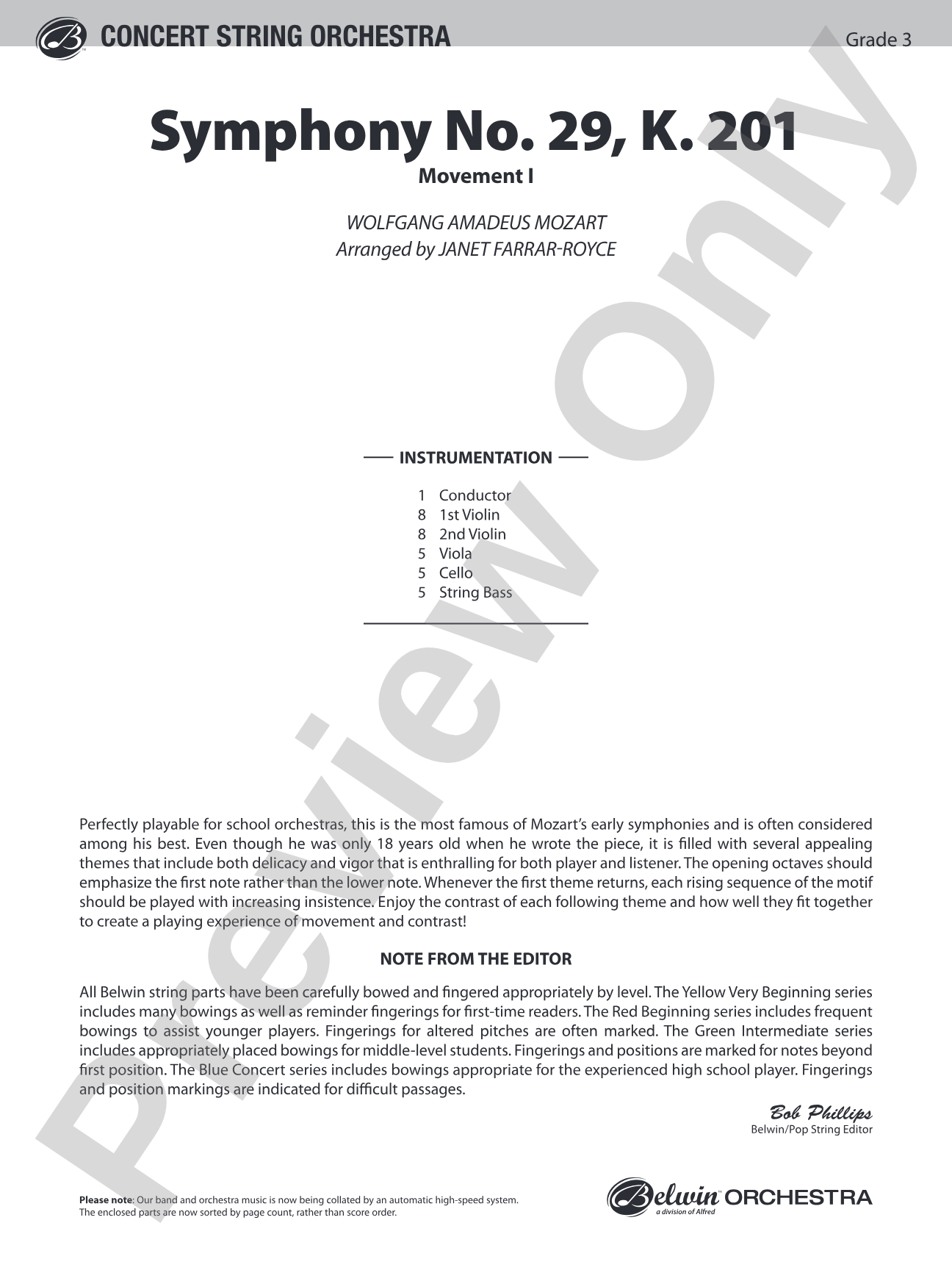 Symphony No. 29, K. 201: String Orchestra Conductor Score & Parts