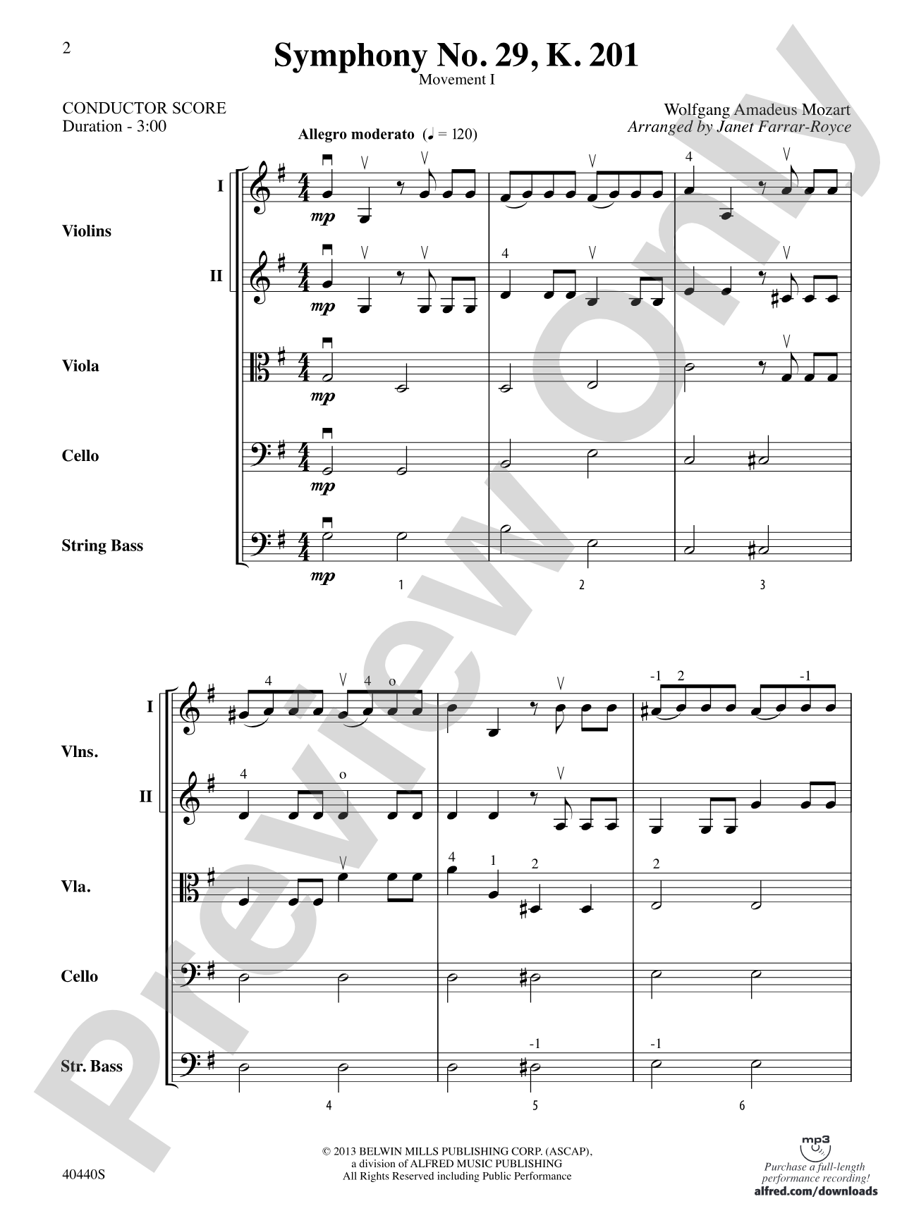 Symphony No. 29, K. 201: String Orchestra Conductor Score & Parts