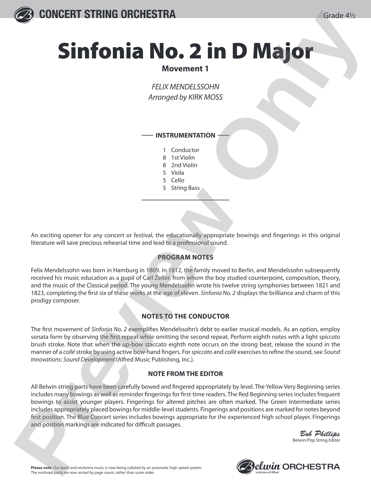 Sinfonia No. 2 in D Major: String Orchestra Conductor Score & Parts