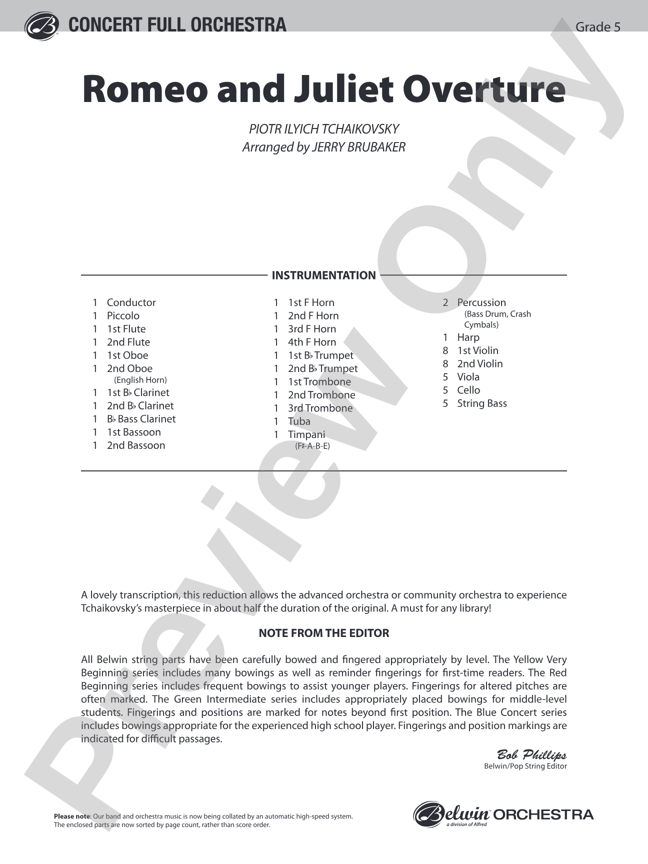 Romeo and Juliet Overture: Full Orchestra Conductor Score & Parts