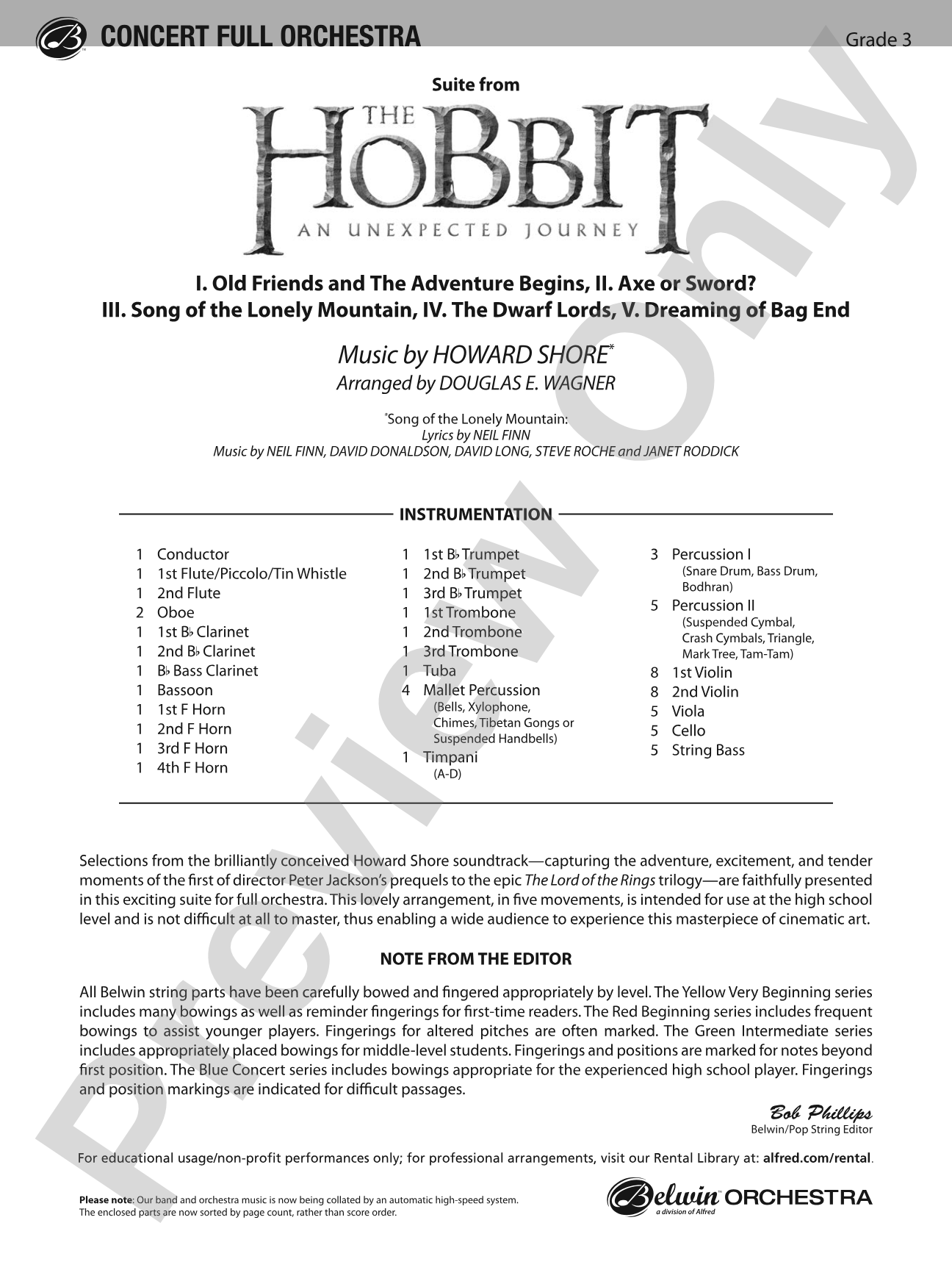 The Hobbit: An Unexpected Journey, Suite from: Full Orchestra Conductor Score & Parts