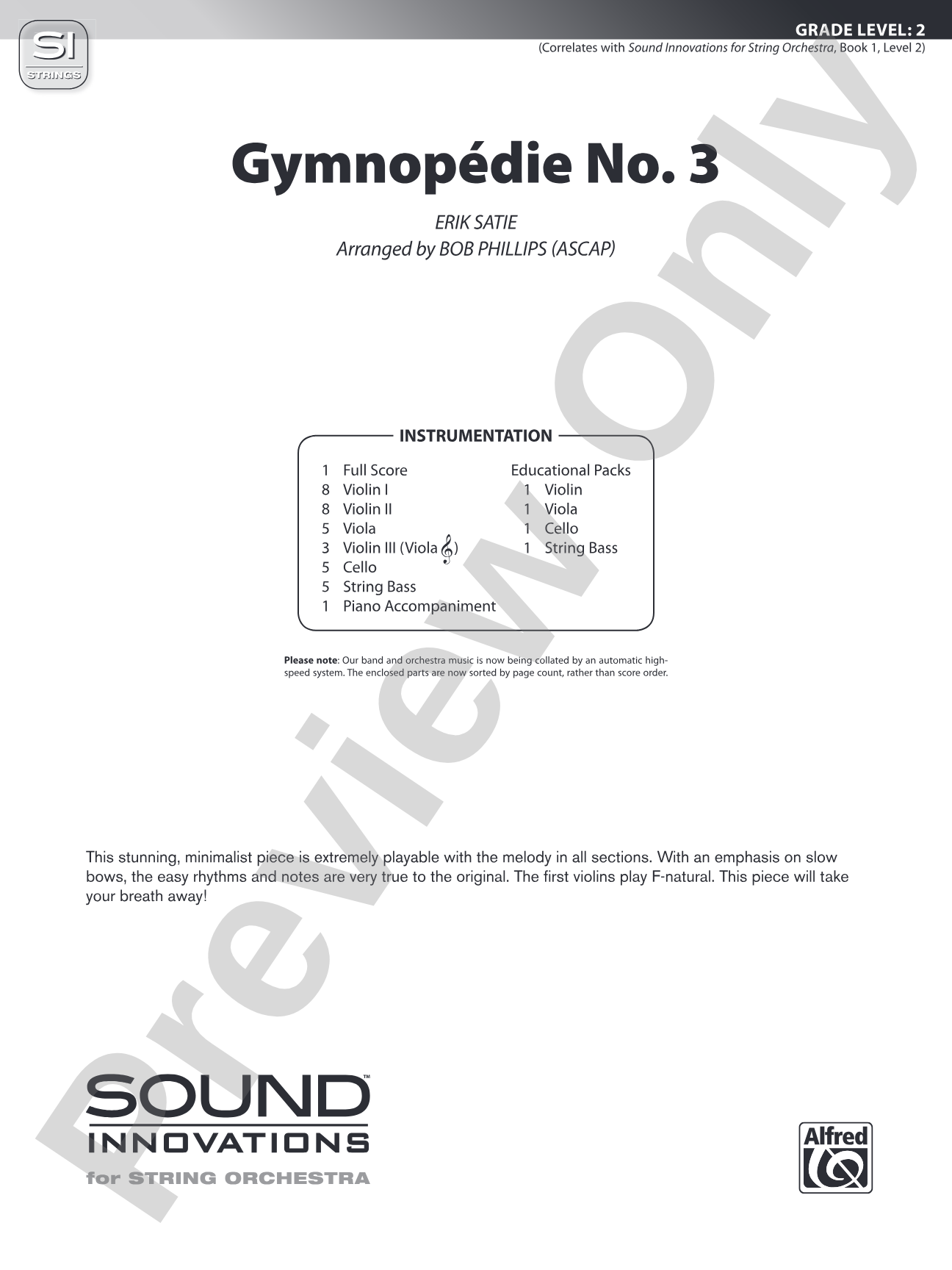 Gymnopédie No. 3: String Orchestra Conductor Score & Parts