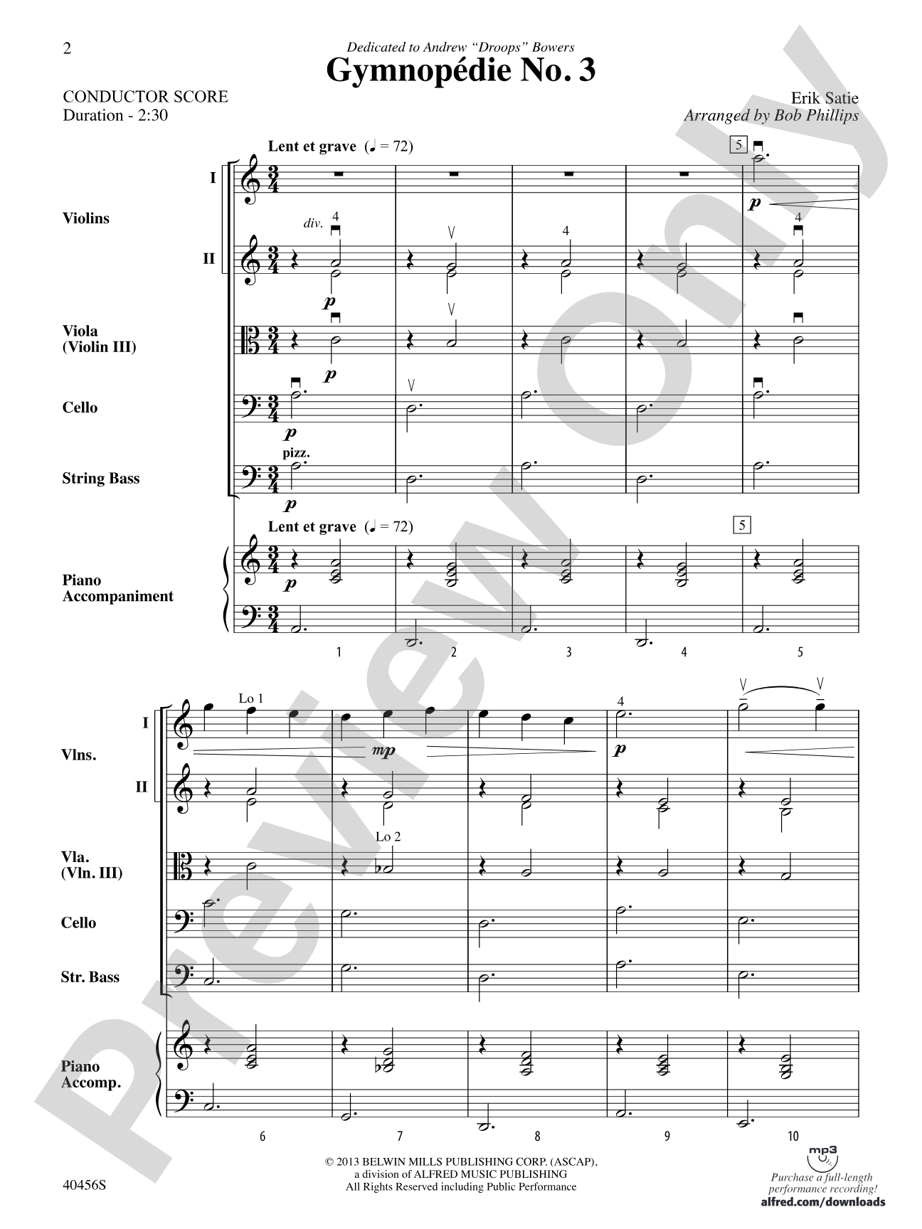 Gymnopédie No. 3: String Orchestra Conductor Score & Parts