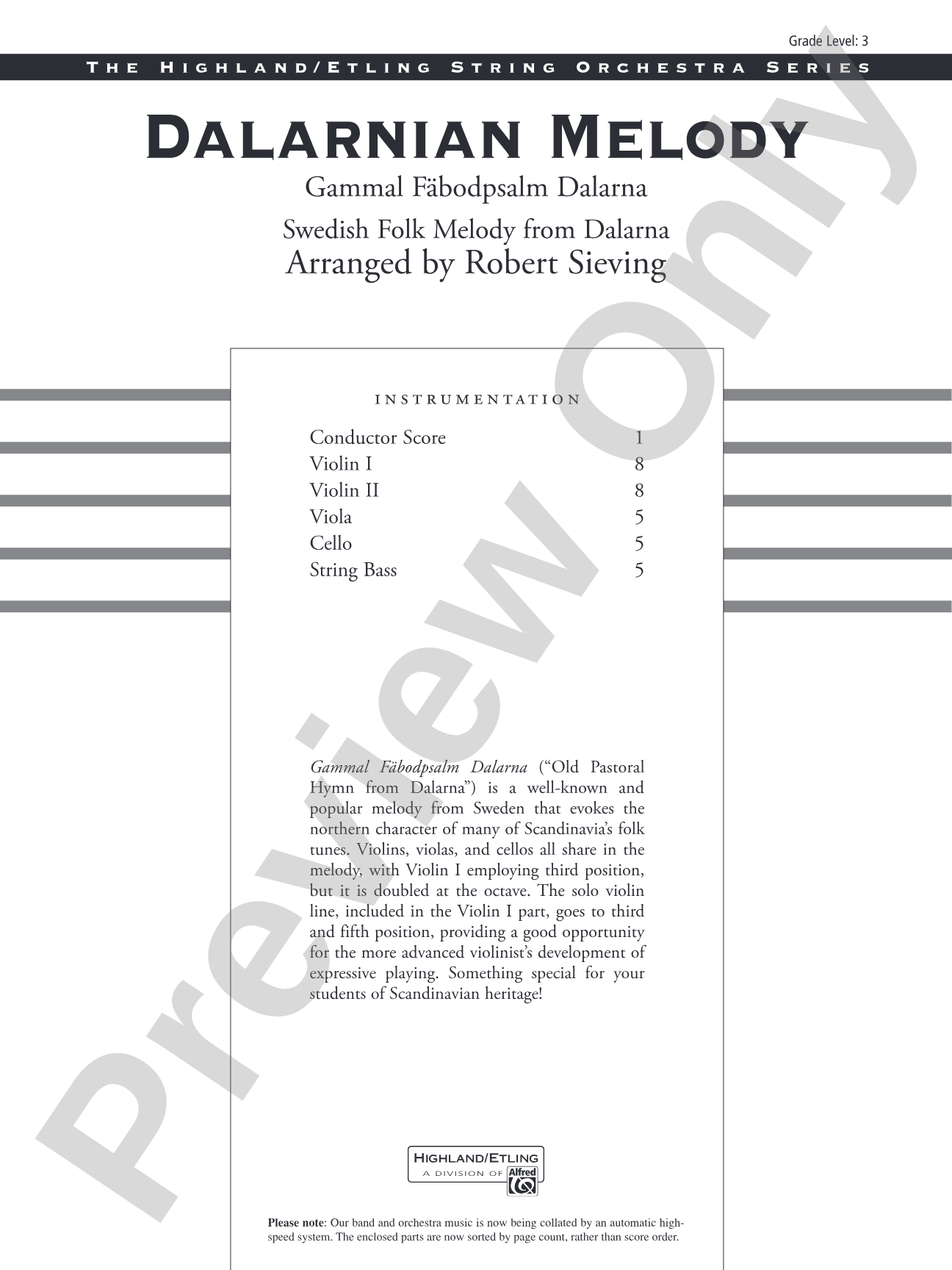 Dalarnian Melody: String Orchestra Conductor Score & Parts