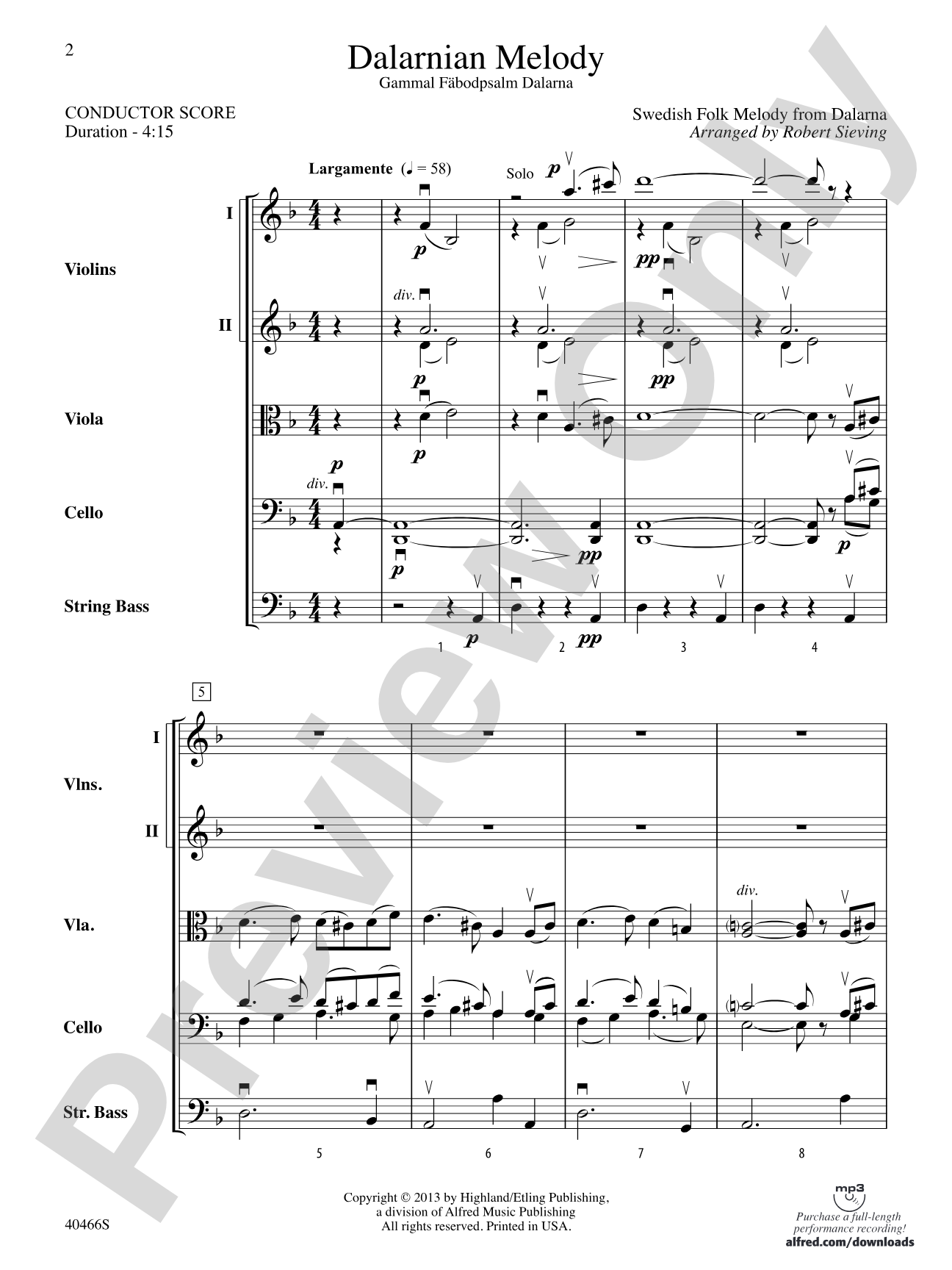 Dalarnian Melody: String Orchestra Conductor Score & Parts
