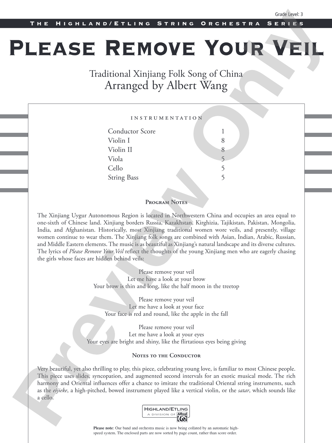 Please Remove Your Veil: String Orchestra Conductor Score & Parts