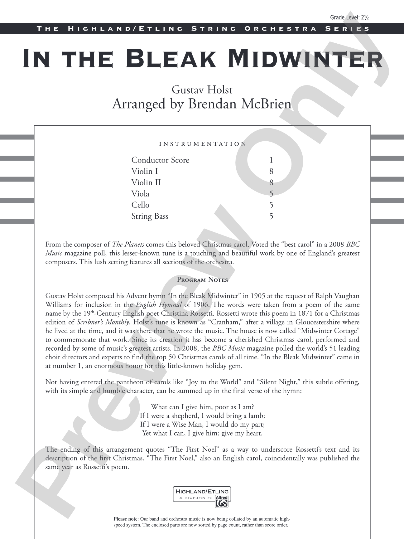 In the Bleak Midwinter: String Orchestra Conductor Score & Parts