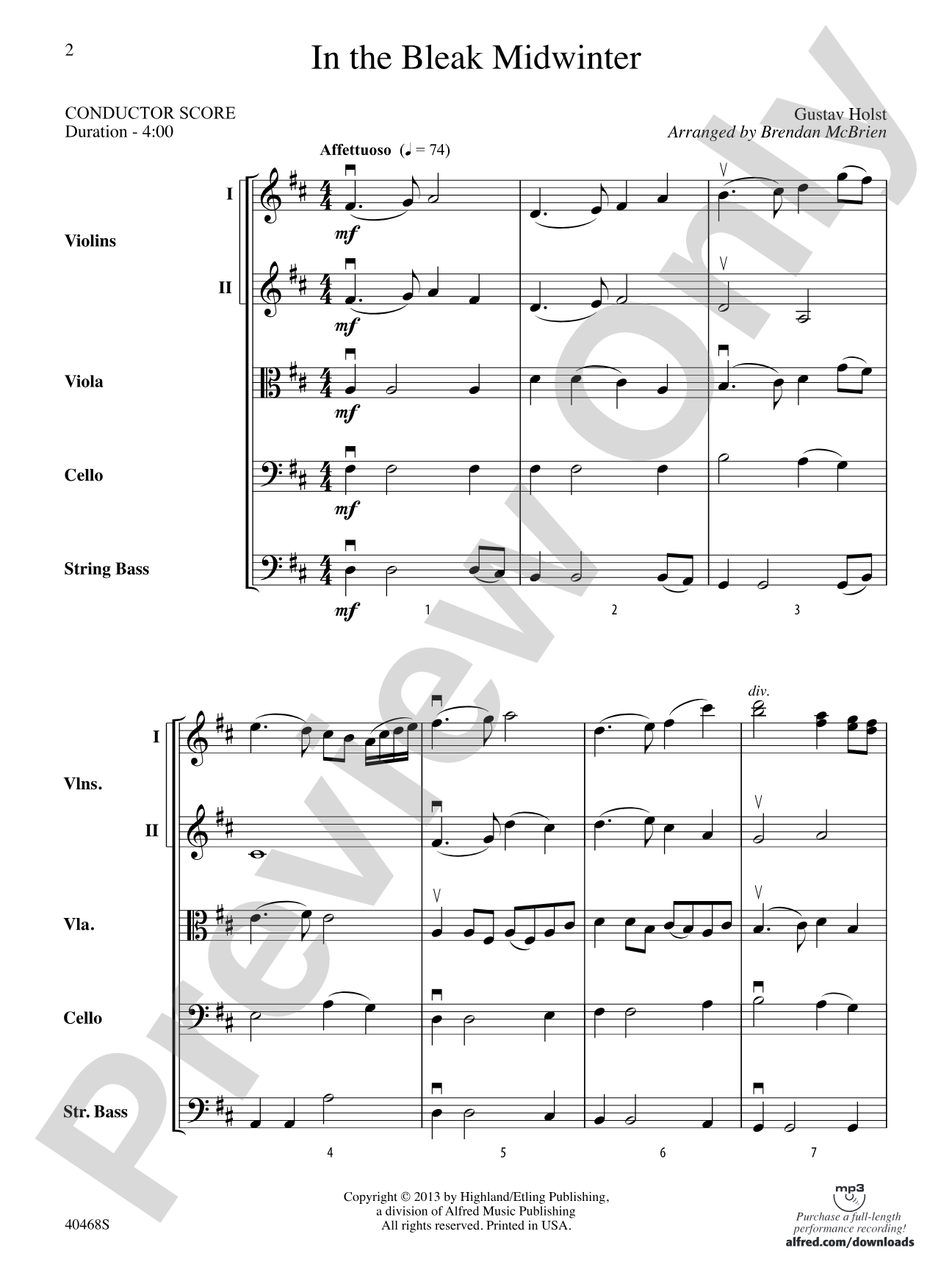 In the Bleak Midwinter: String Orchestra Conductor Score & Parts