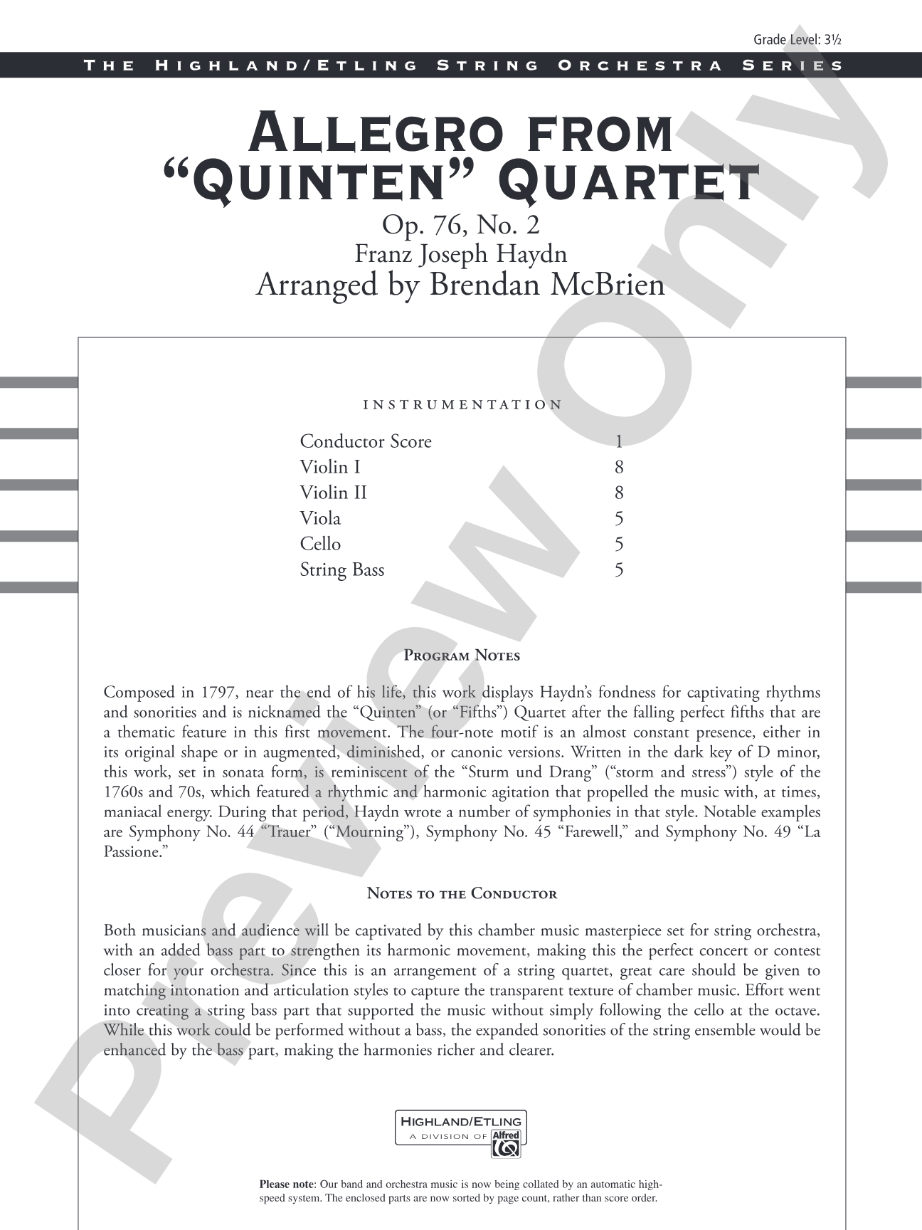 Allegro from "Quinten" Quartet: String Orchestra Conductor Score & Parts