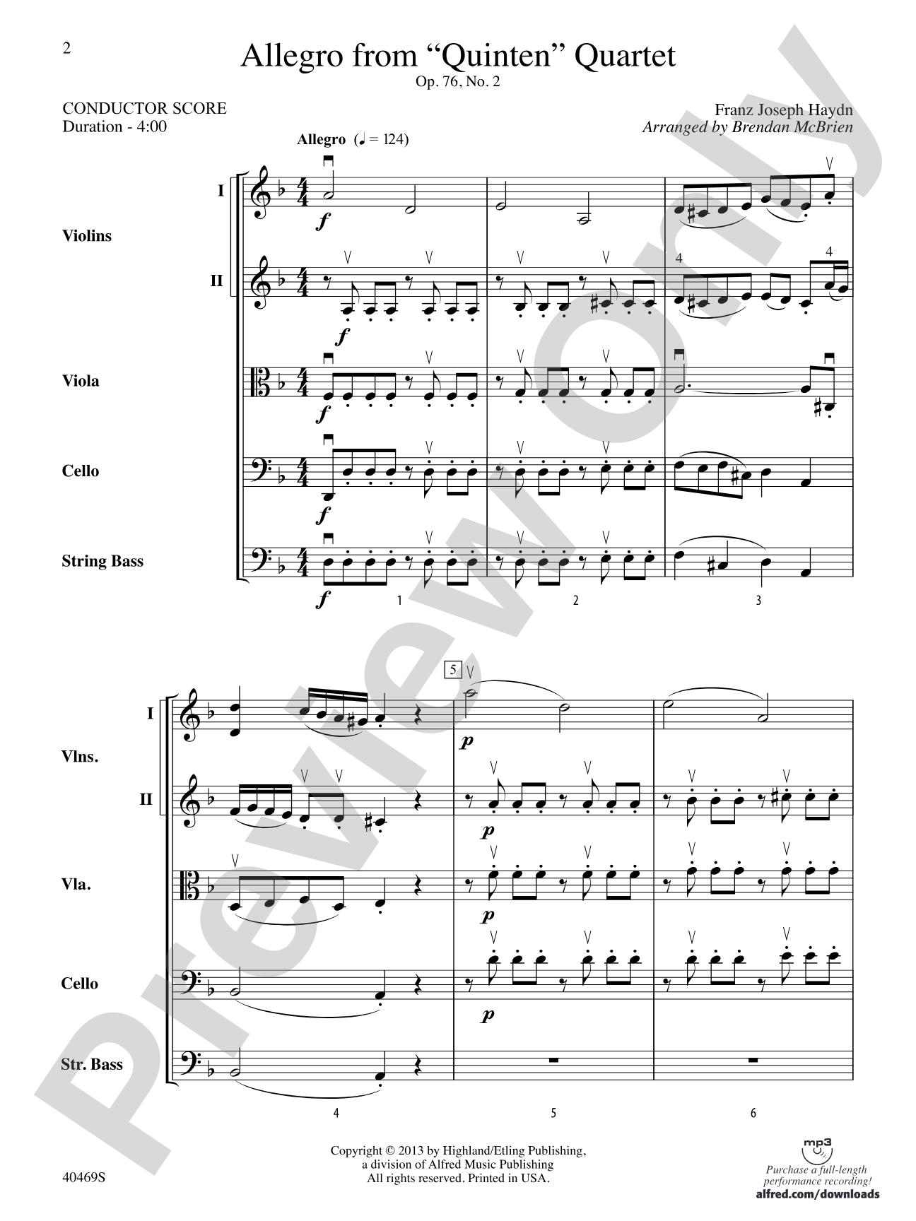Allegro from "Quinten" Quartet: String Orchestra Conductor Score & Parts