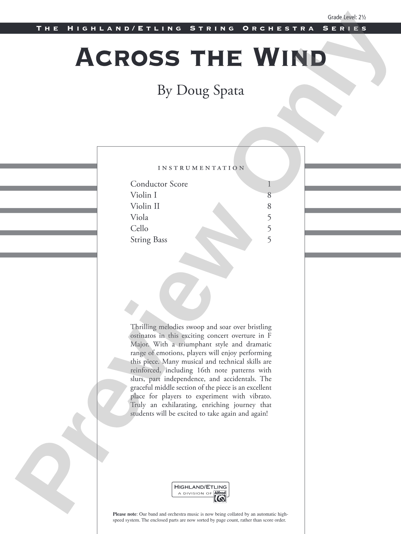 Across the Wind: String Orchestra Conductor Score & Parts