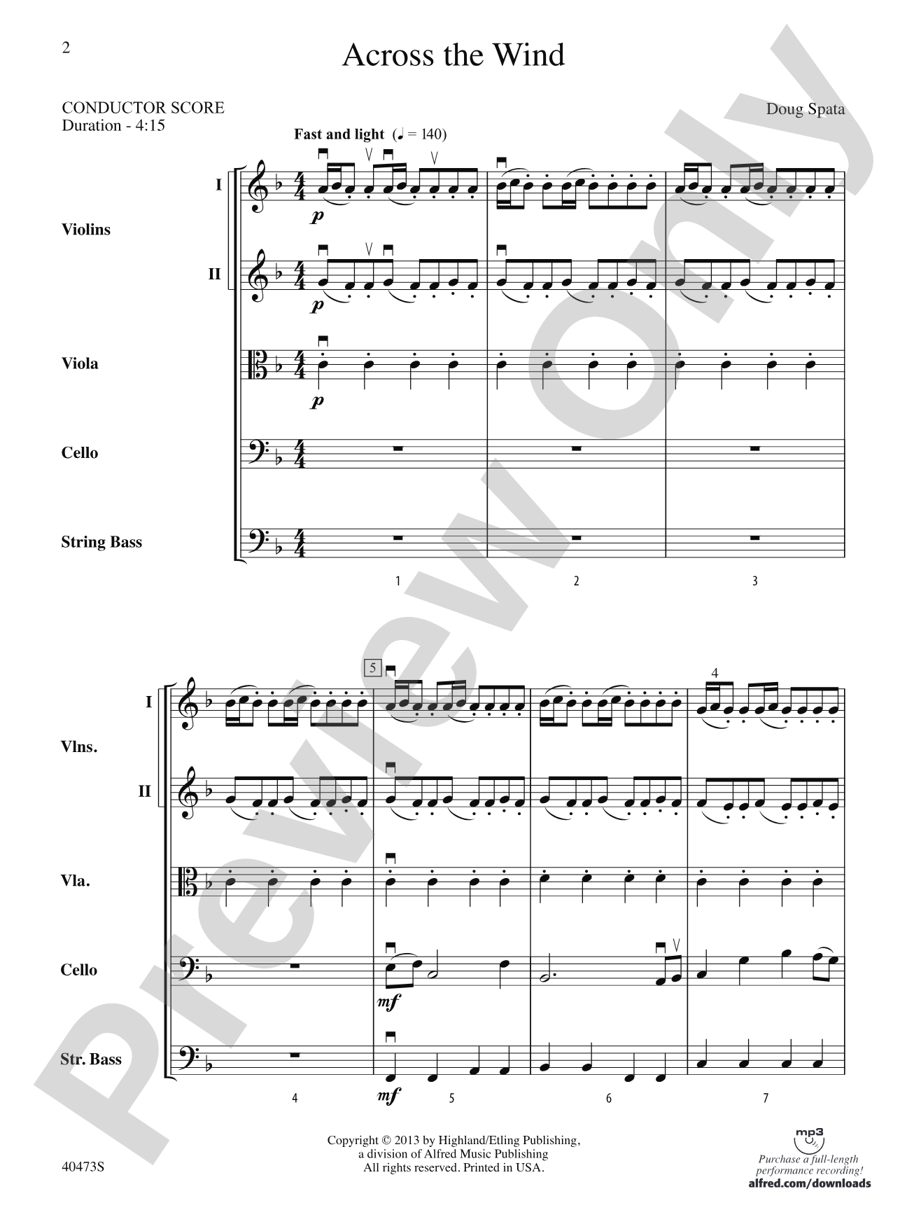 Across the Wind: String Orchestra Conductor Score & Parts
