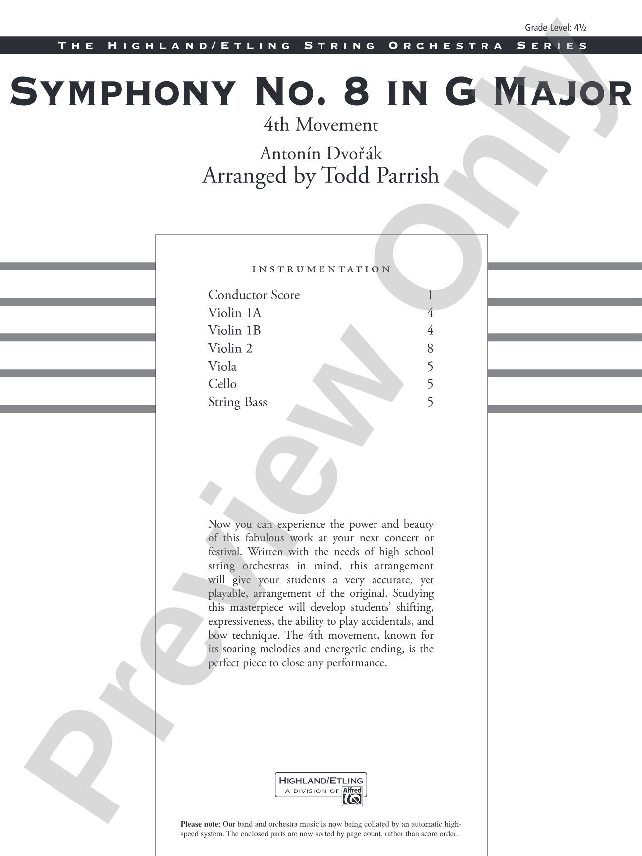 Symphony No. 8 in G Major: String Orchestra Conductor Score & Parts