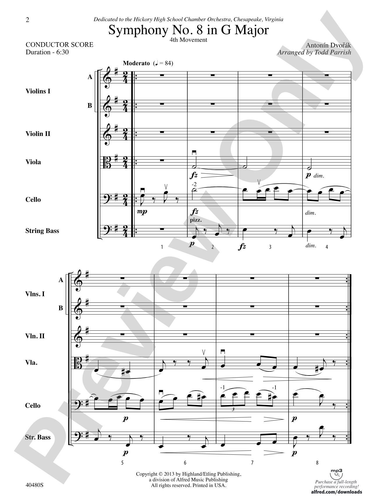 Symphony No. 8 in G Major: String Orchestra Conductor Score & Parts