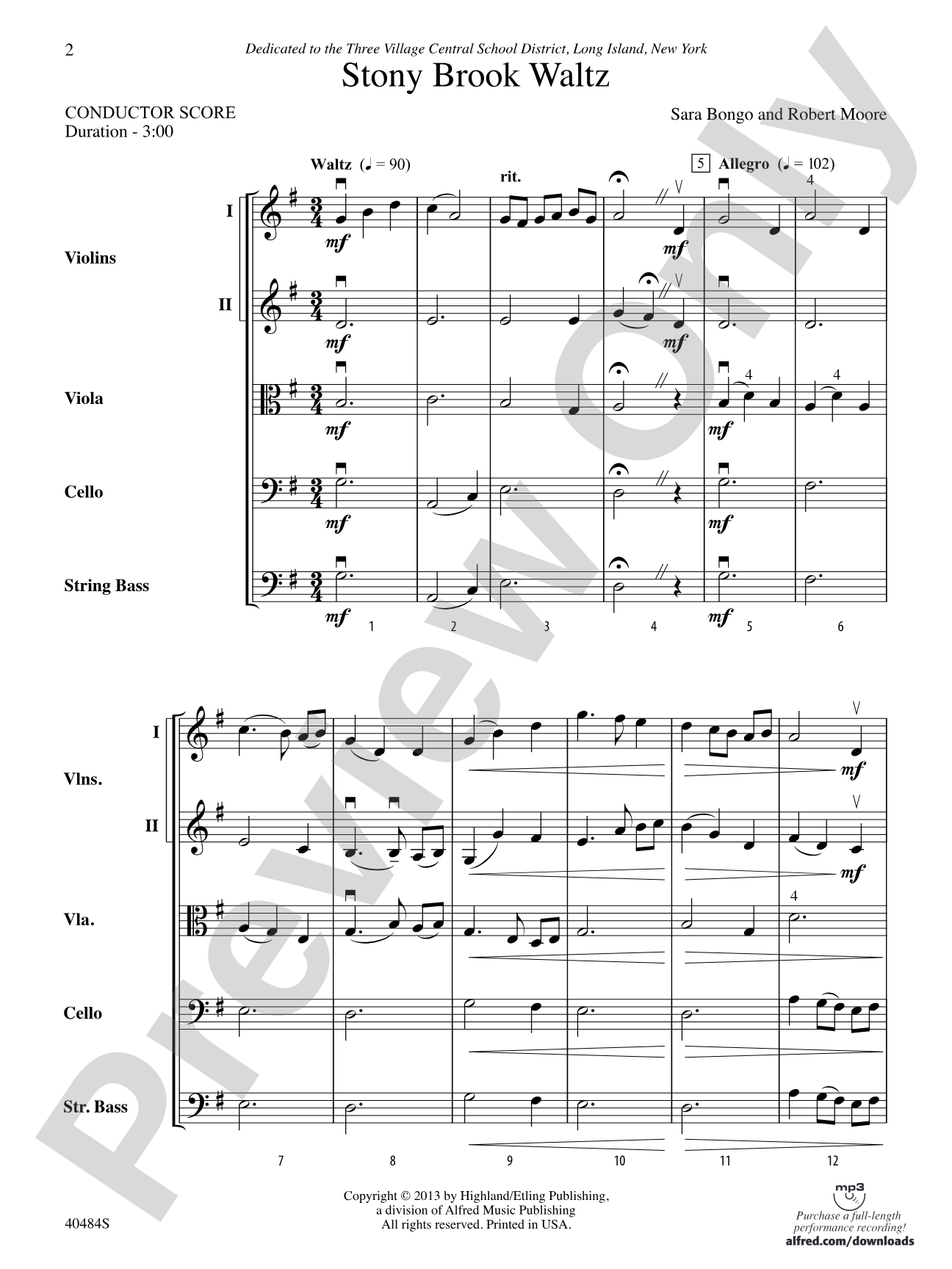 Stony Brook Waltz: String Orchestra Conductor Score & Parts