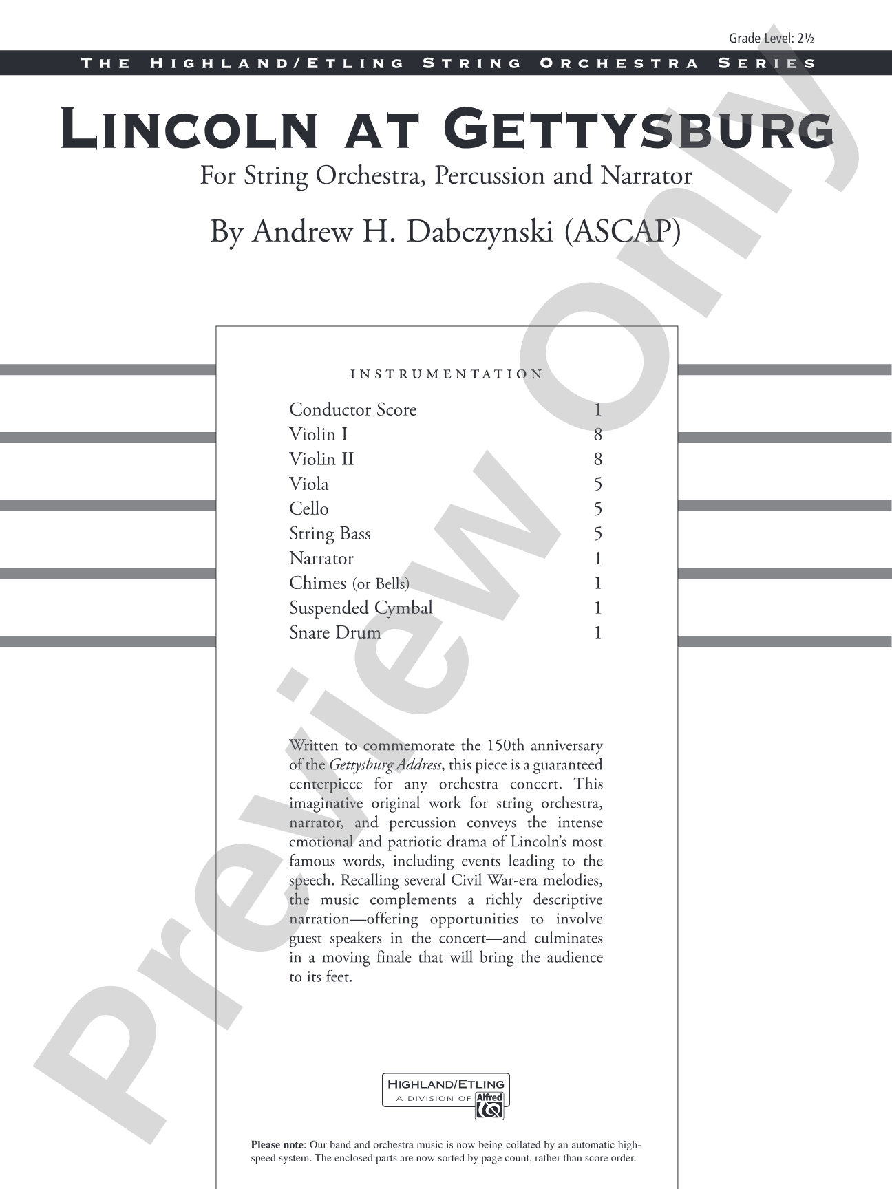 Lincoln at Gettysburg: String Orchestra Conductor Score & Parts