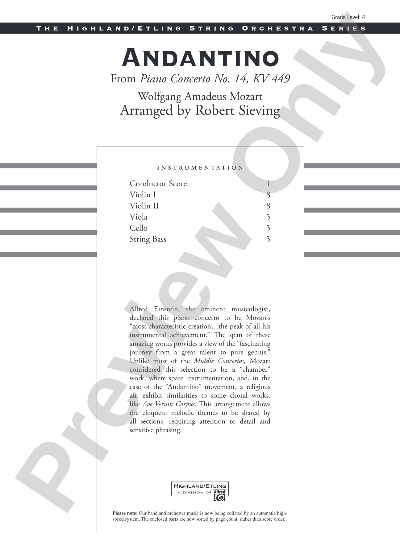 Andantino: String Orchestra Conductor Score & Parts
