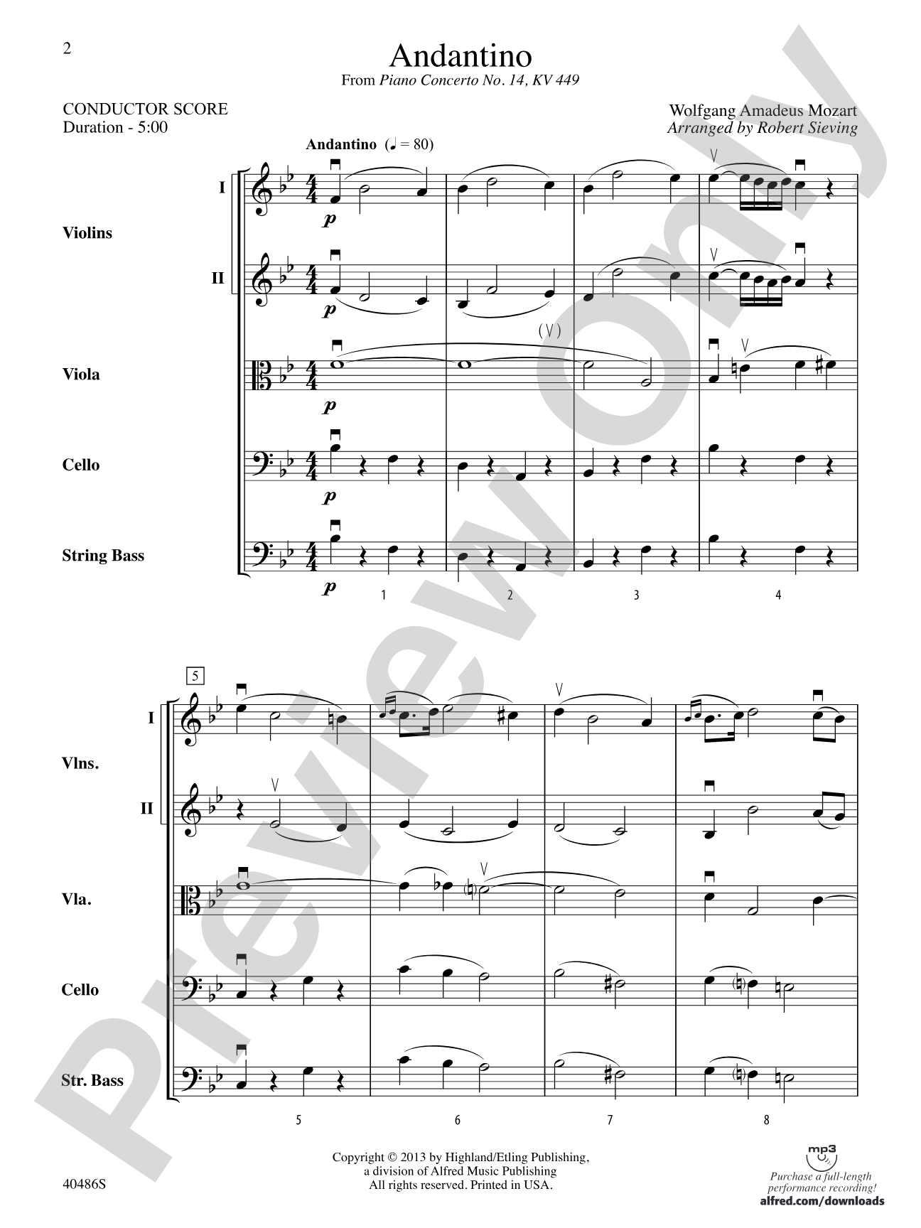 Andantino: String Orchestra Conductor Score & Parts