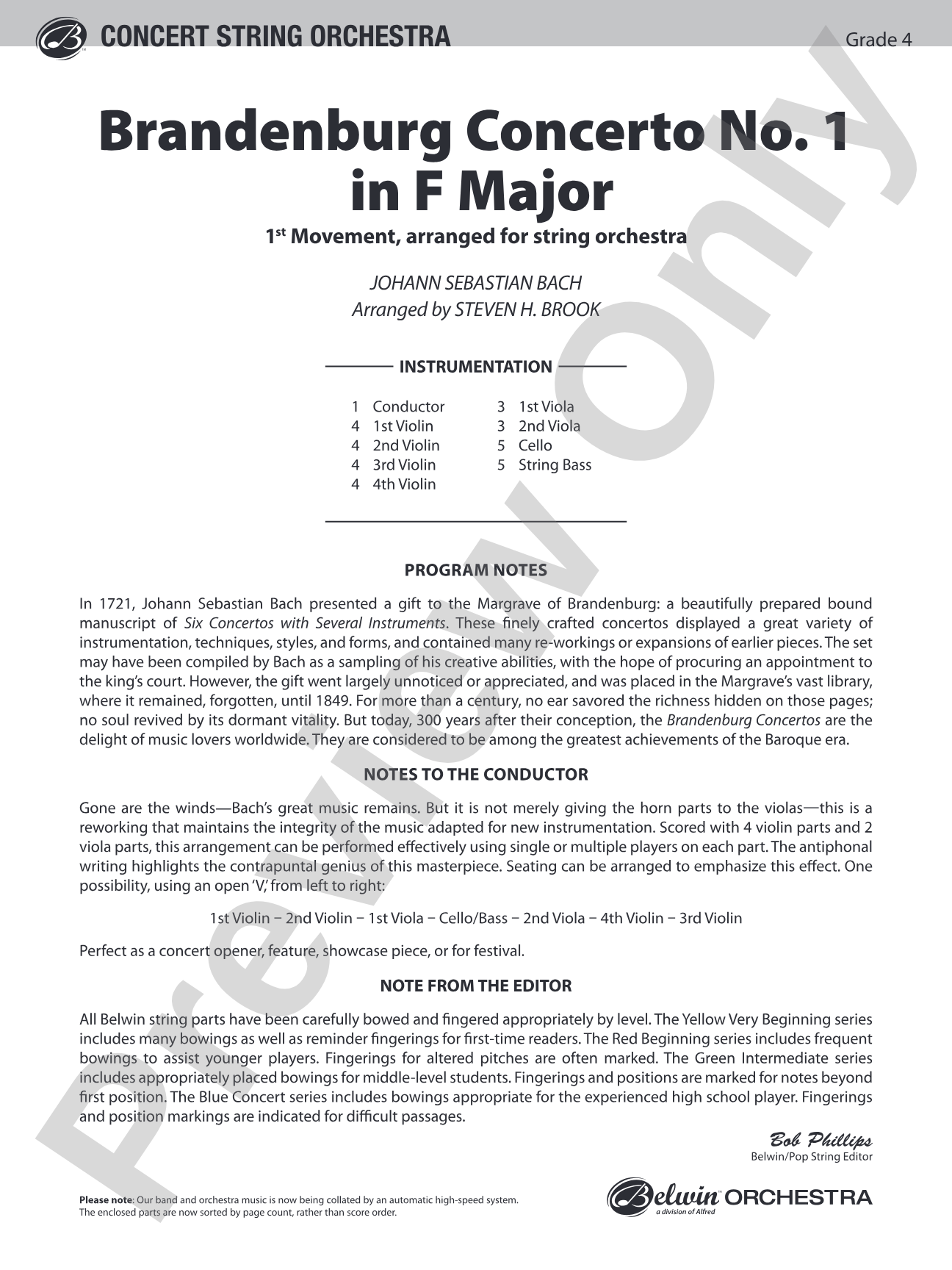Brandenburg Concerto No. 1 in F Major: String Orchestra Conductor Score & Parts