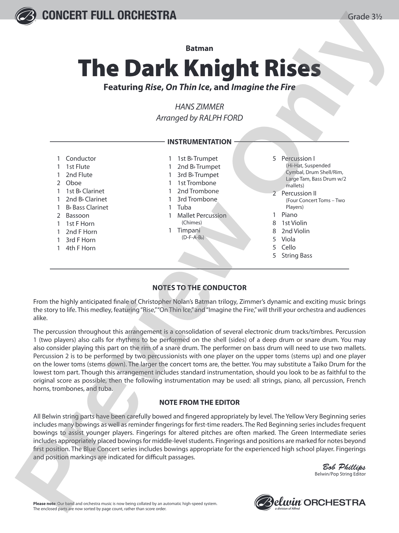 Batman: The Dark Knight Rises: Full Orchestra Conductor Score & Parts