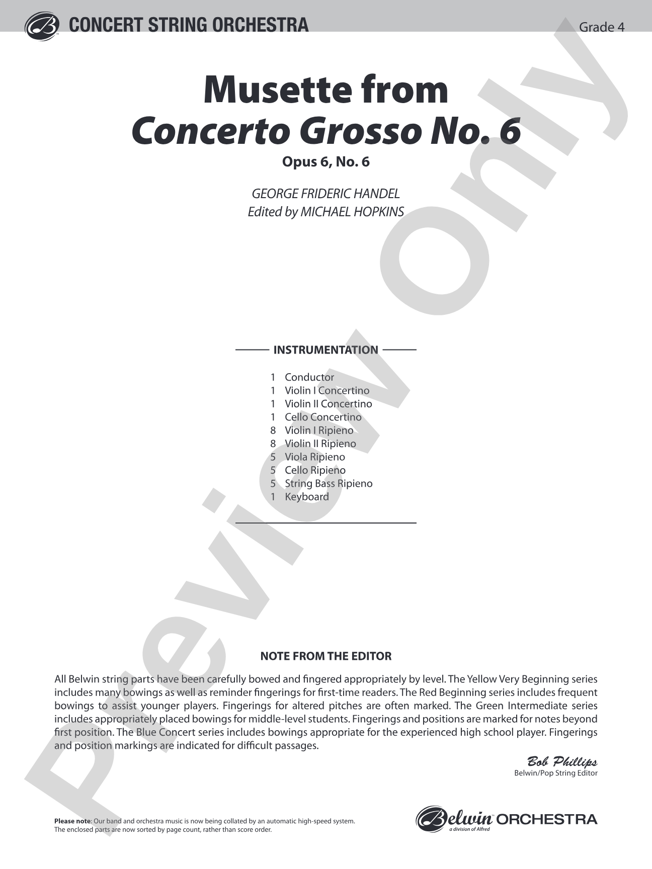 Musette from Concerto Grosso No. 6: String Orchestra Conductor Score & Parts